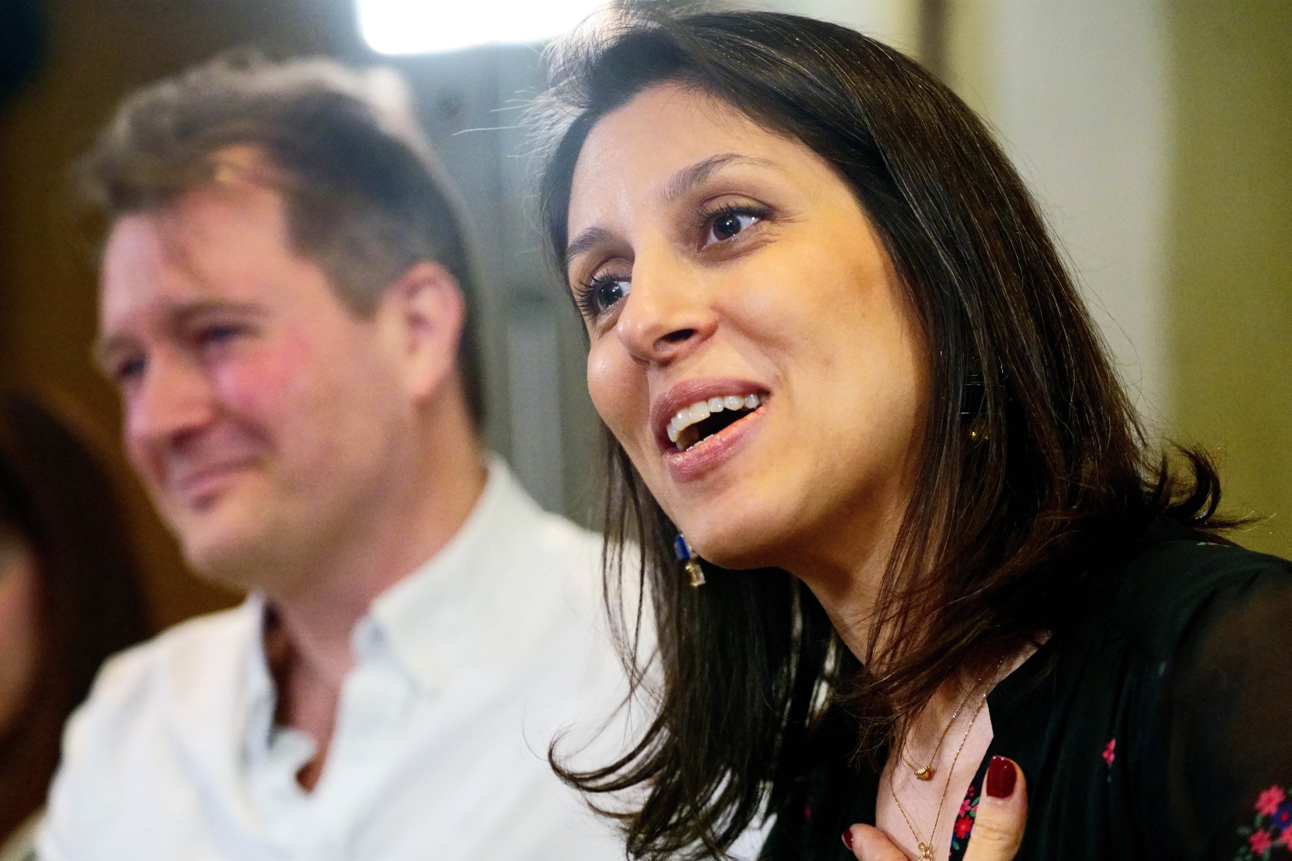 Ms Zaghari-Ratcliffe and her husband during a press conference hosted by their local MP Tulip Siddiq today