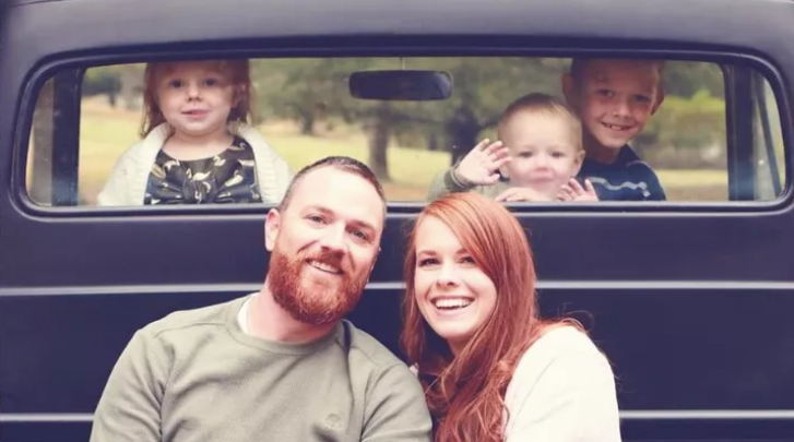 Kuri Bolger, 33, and husband Michael, 37, pose with their three children before a tornado in Iowa claimed the lives of Owen, 2, Kinlee, 3 and Michael. Eight-year-old Brysen survived