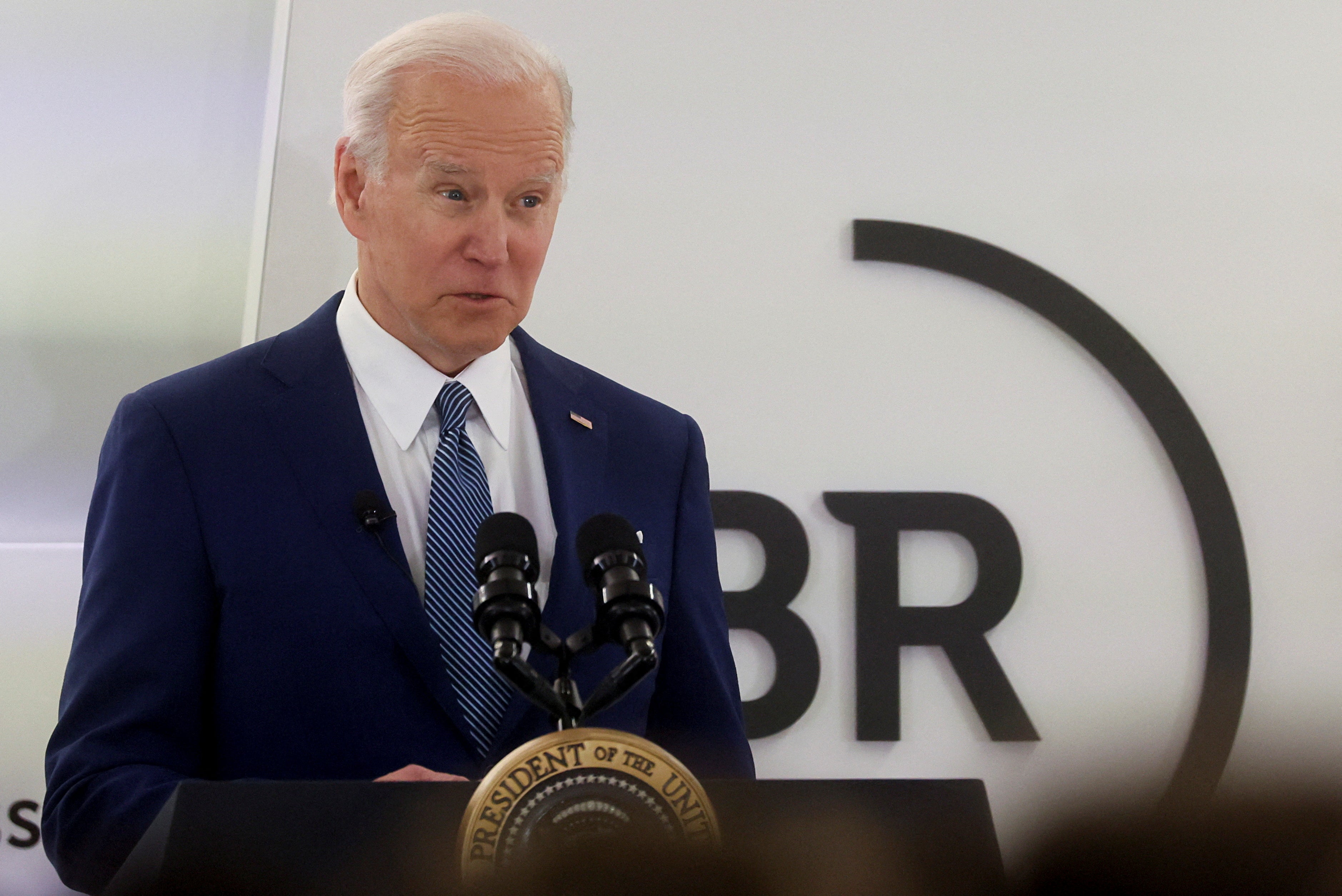 Joe Biden discusses the United States' response to Russian invasion of Ukraine and warns CEOs about potential cyber attacks from Russia at Business Roundtable's CEO quarterly meeting in Washington DC. REUTERS/Leah Millis