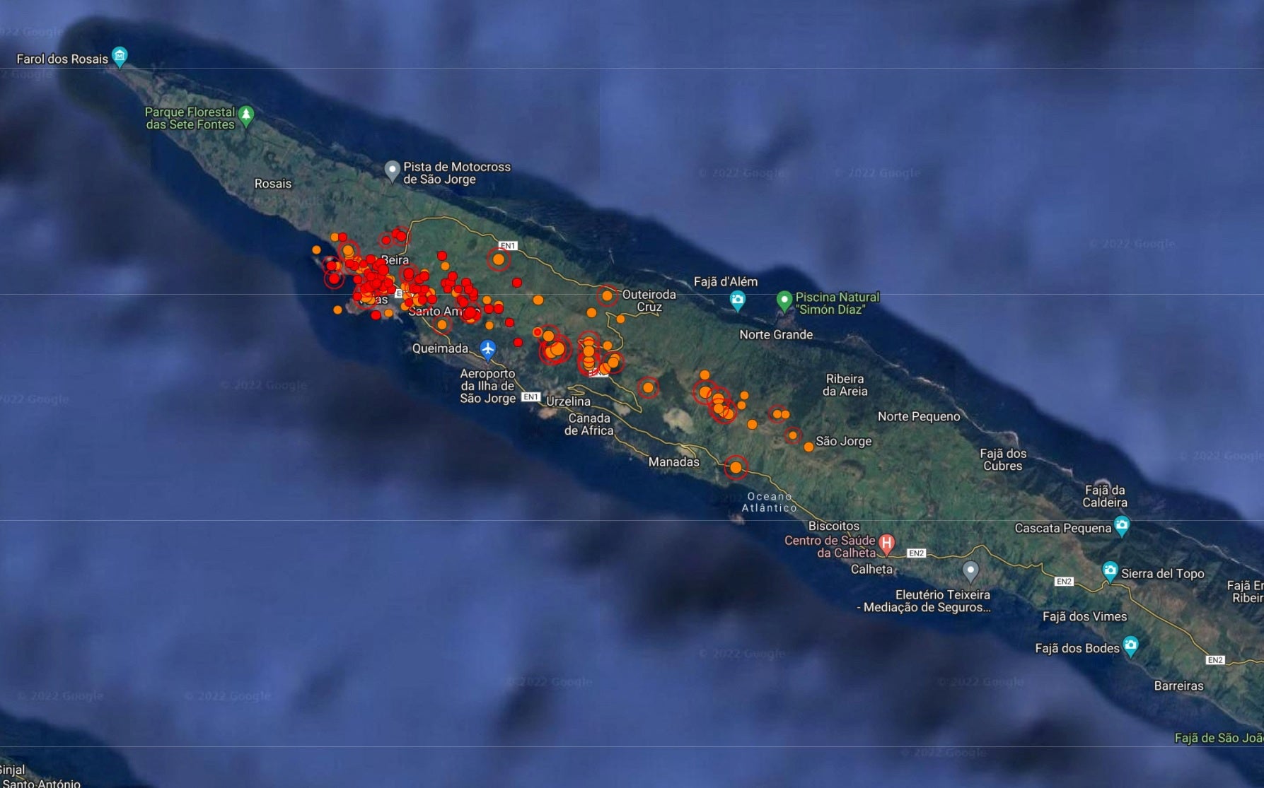 Satellite map showing seismic activity at Sao Jorge island in Portugal’s Azores archipelago