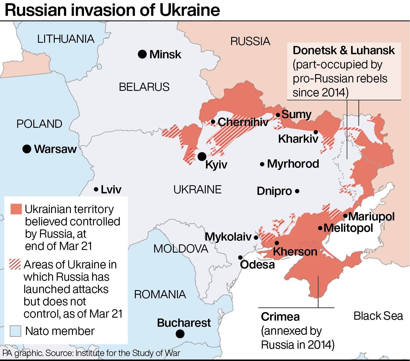 This map shows the extent of the Russian invasion of Ukraine