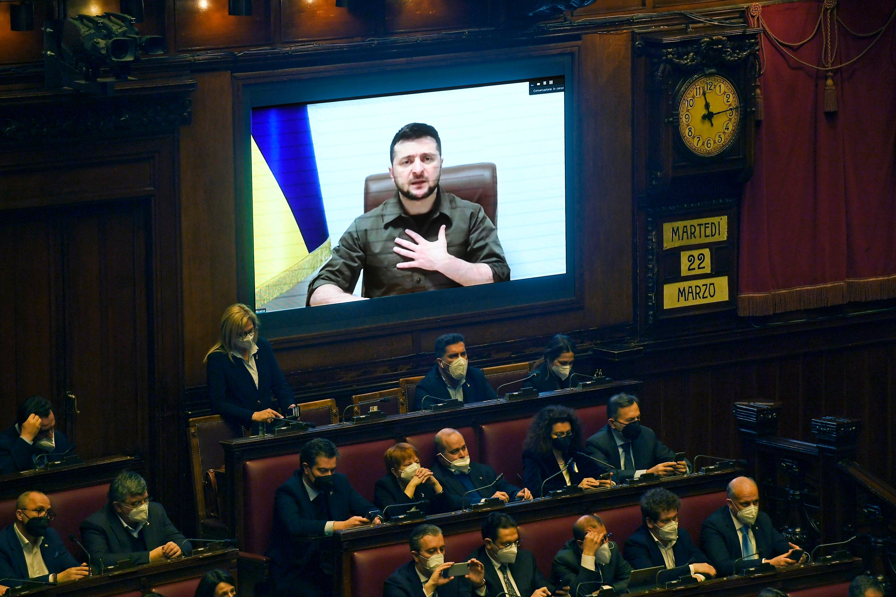 Ukrainian president Volodymyr Zelensky addresses members of the Italian parliament on Tuesday