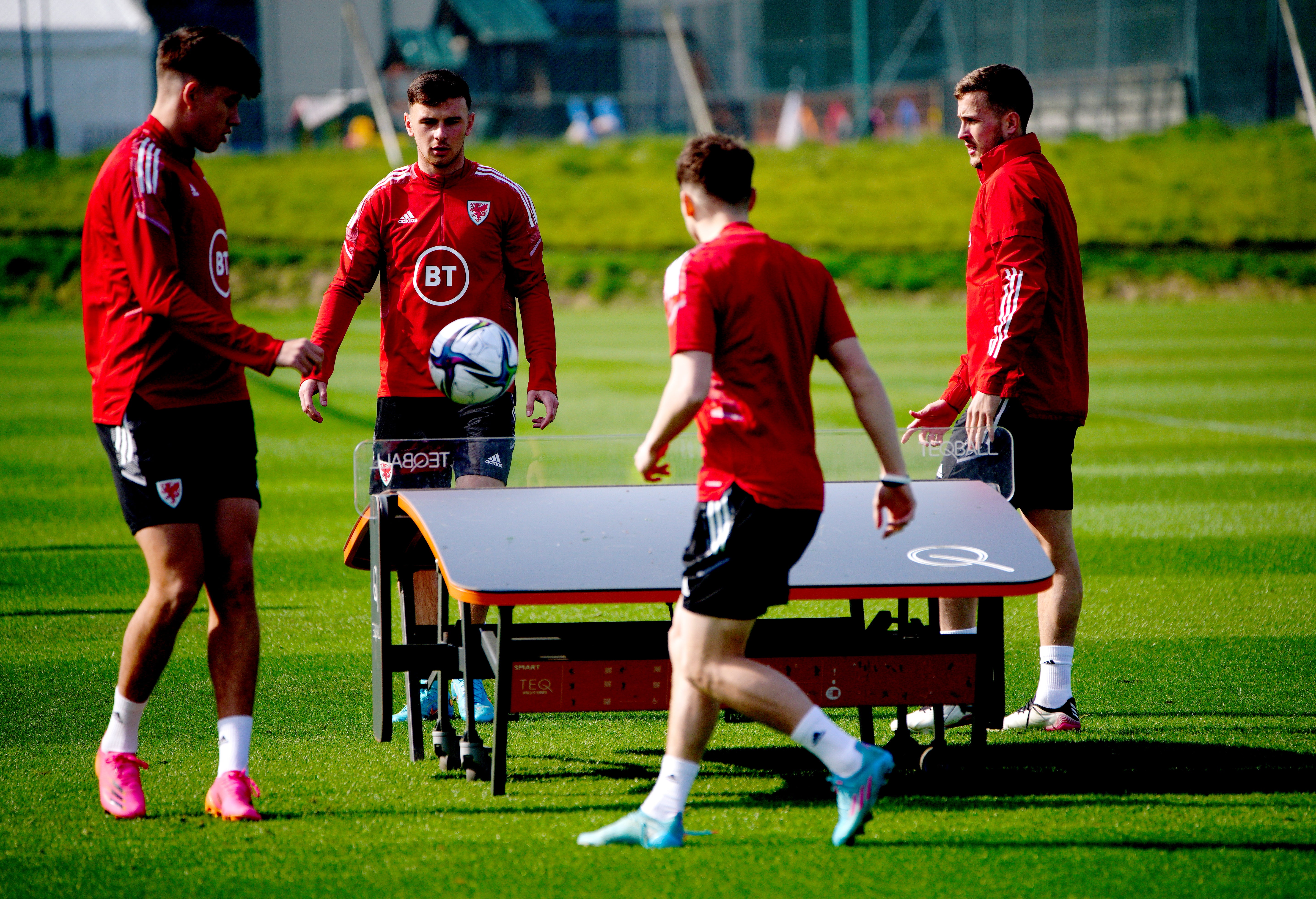 Wales players during a training session ahead of their World Cup play-off against Austria (Ben Birchall/PA)