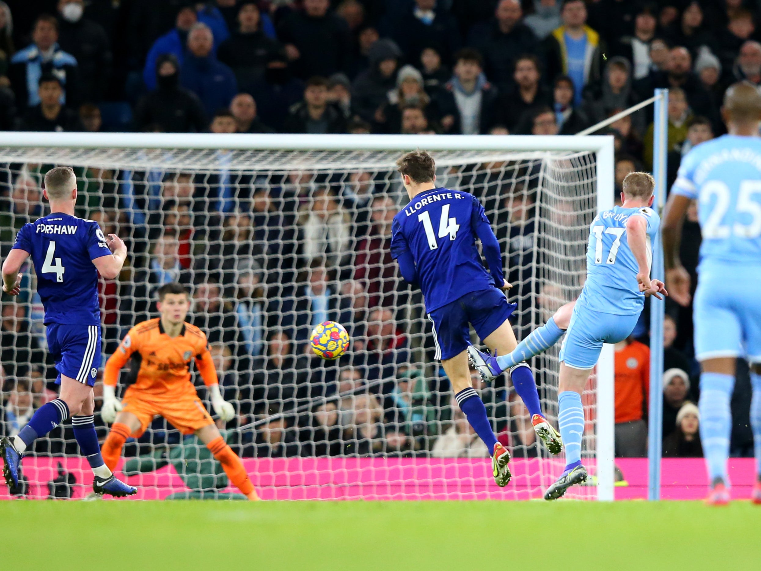 City’s Kevin De Bruyne scores in a 7-0 rout of Leeds earlier this season