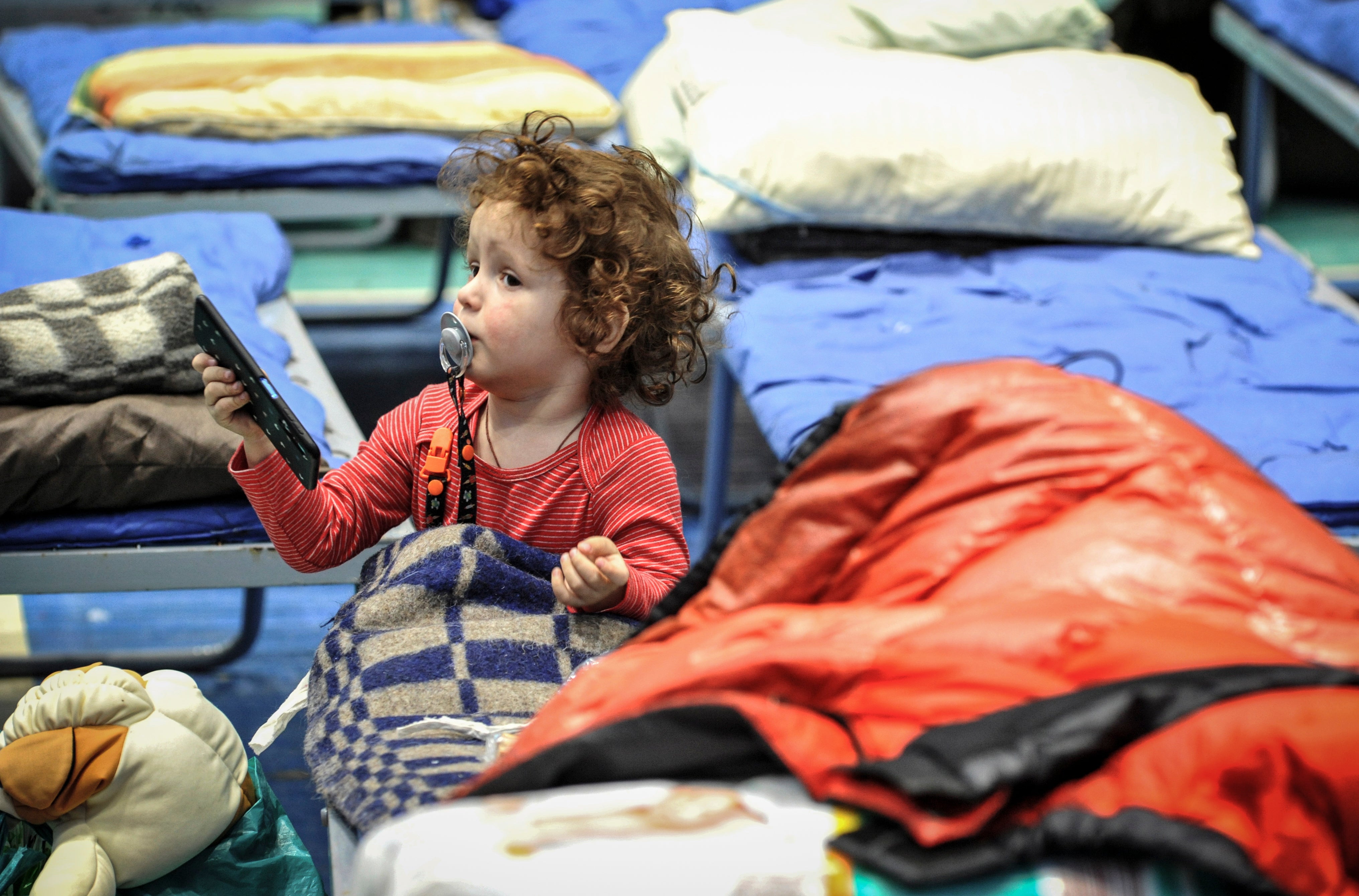 A boy from Mariupol is pictured at a refugee centre in Taganrog, Russia, on 21 March 2022