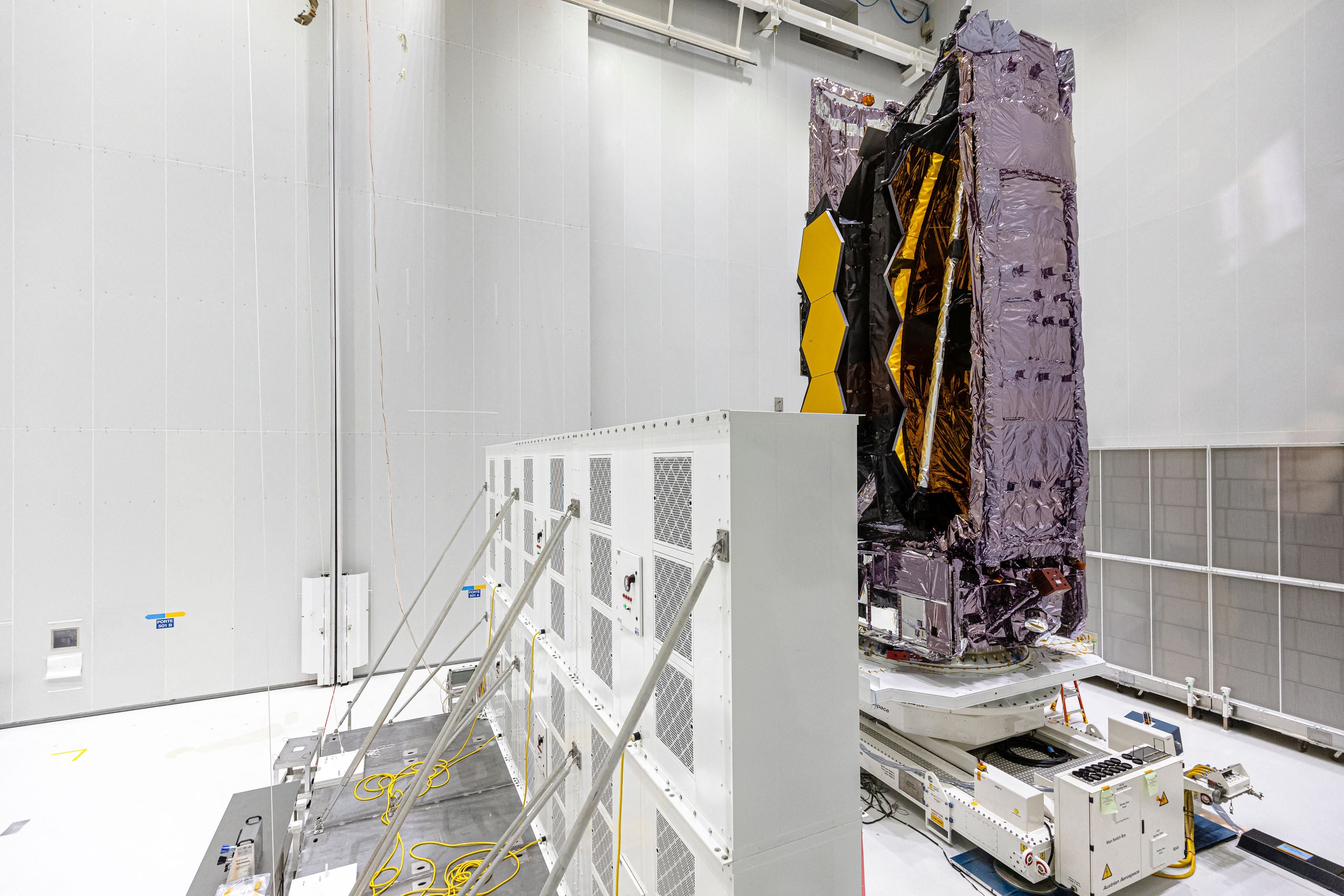 James Webb Space Telescope stands in the S5 Payload Preparation Facility (EPCU-S5) at The Guiana Space Centre, Kourou, French Guiana on November 5, 2021