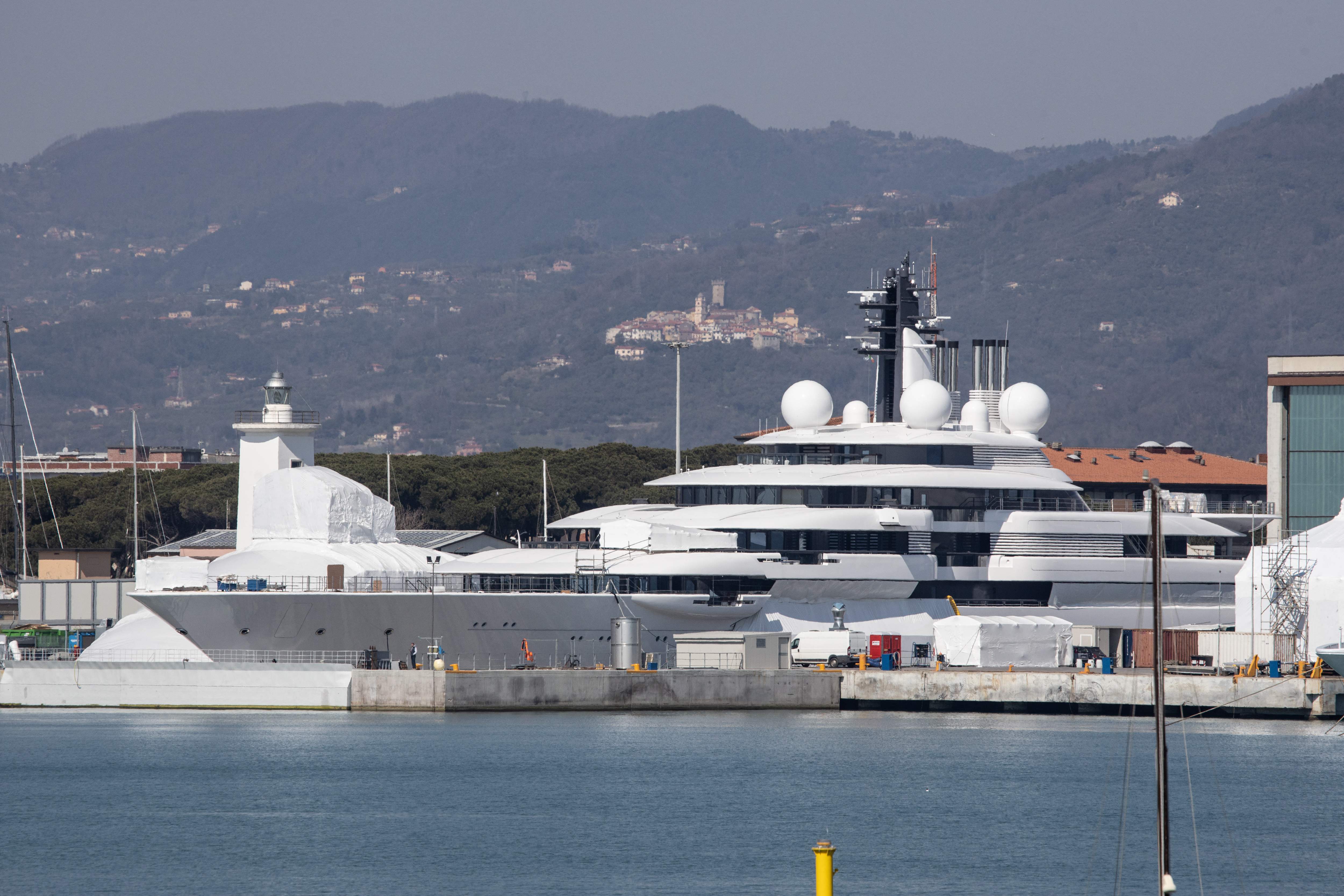 Multi-million-dollar mega yacht Scheherazade, docked in Italy. It is currently the source of speculation that it belongs to a Russian oligarch, or even perhaps President Vladimir Putin