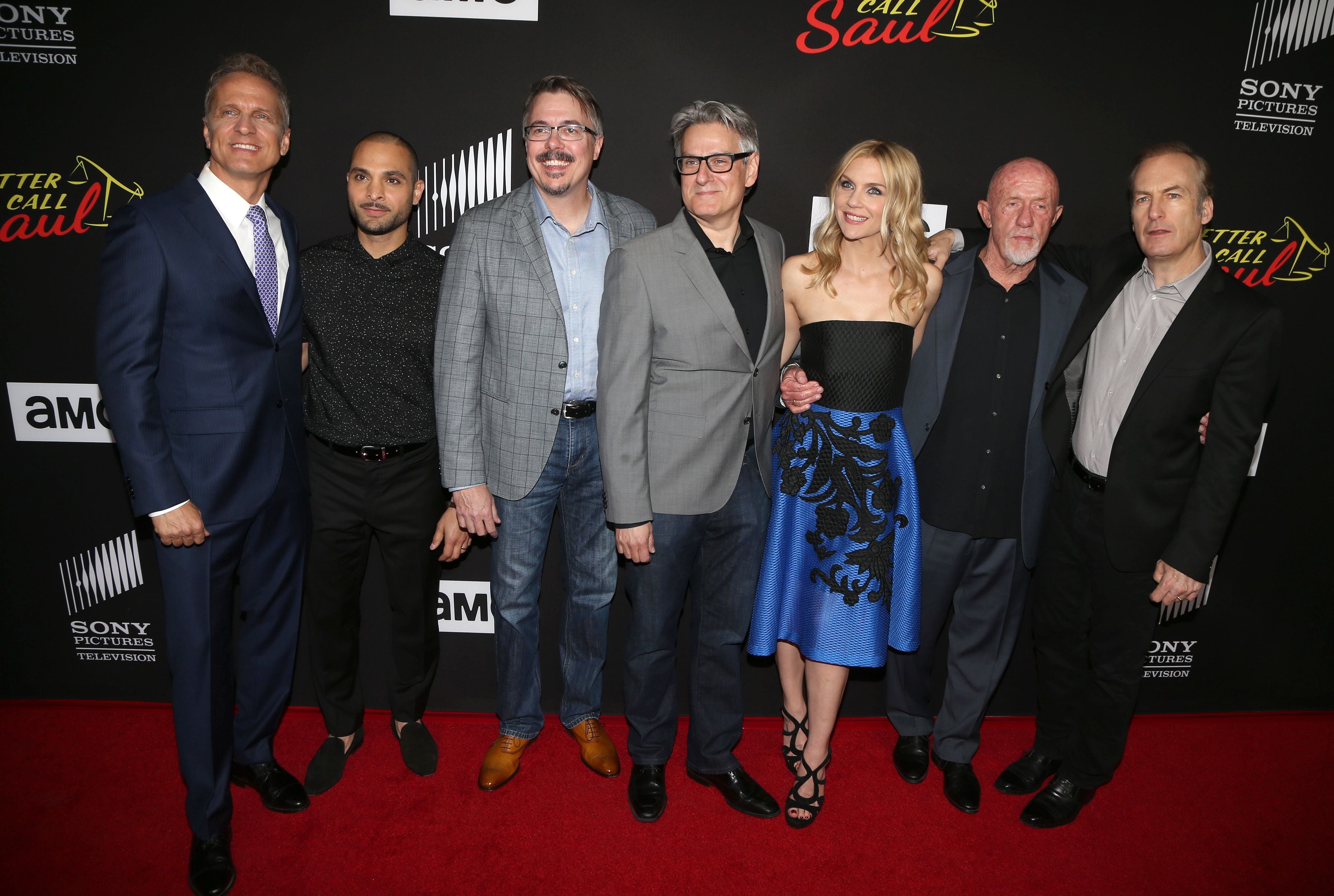 Patrick Fabian, Michael Mando, Vince Gilligan, Peter Gould, Rhea Seehorn, Jonathan Banks and Bob Odenkirk at the ‘Better Call Saul’ season 3 premiere