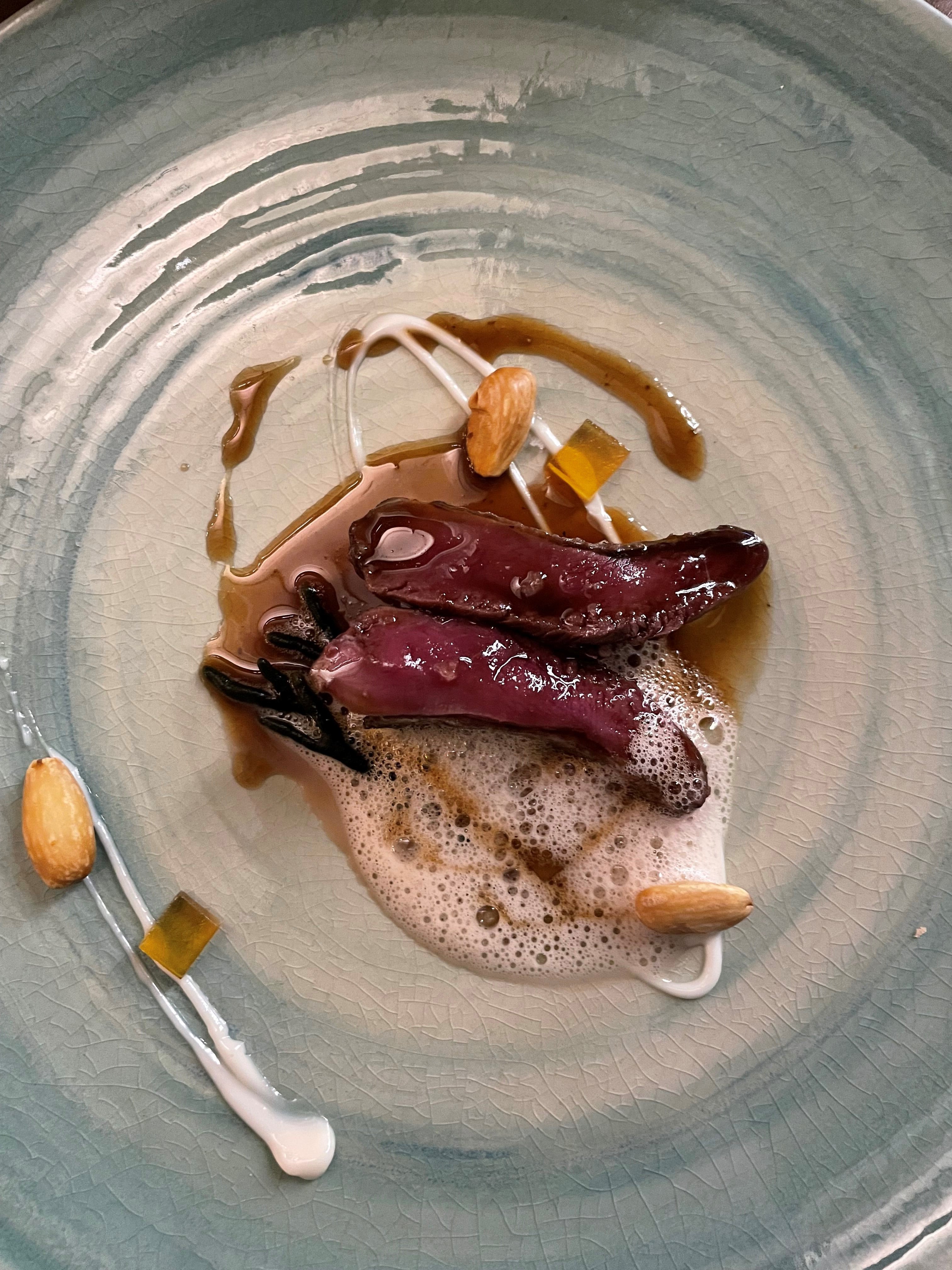 The gamey flavour of wood pigeon is pulled back by the surprising chunks of amaretto jelly