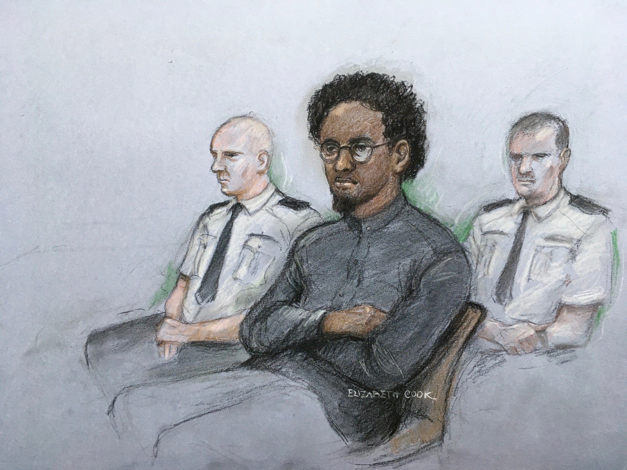 A sketch of murder accused Ali Harbi Ali in the dock at the Old Bailey