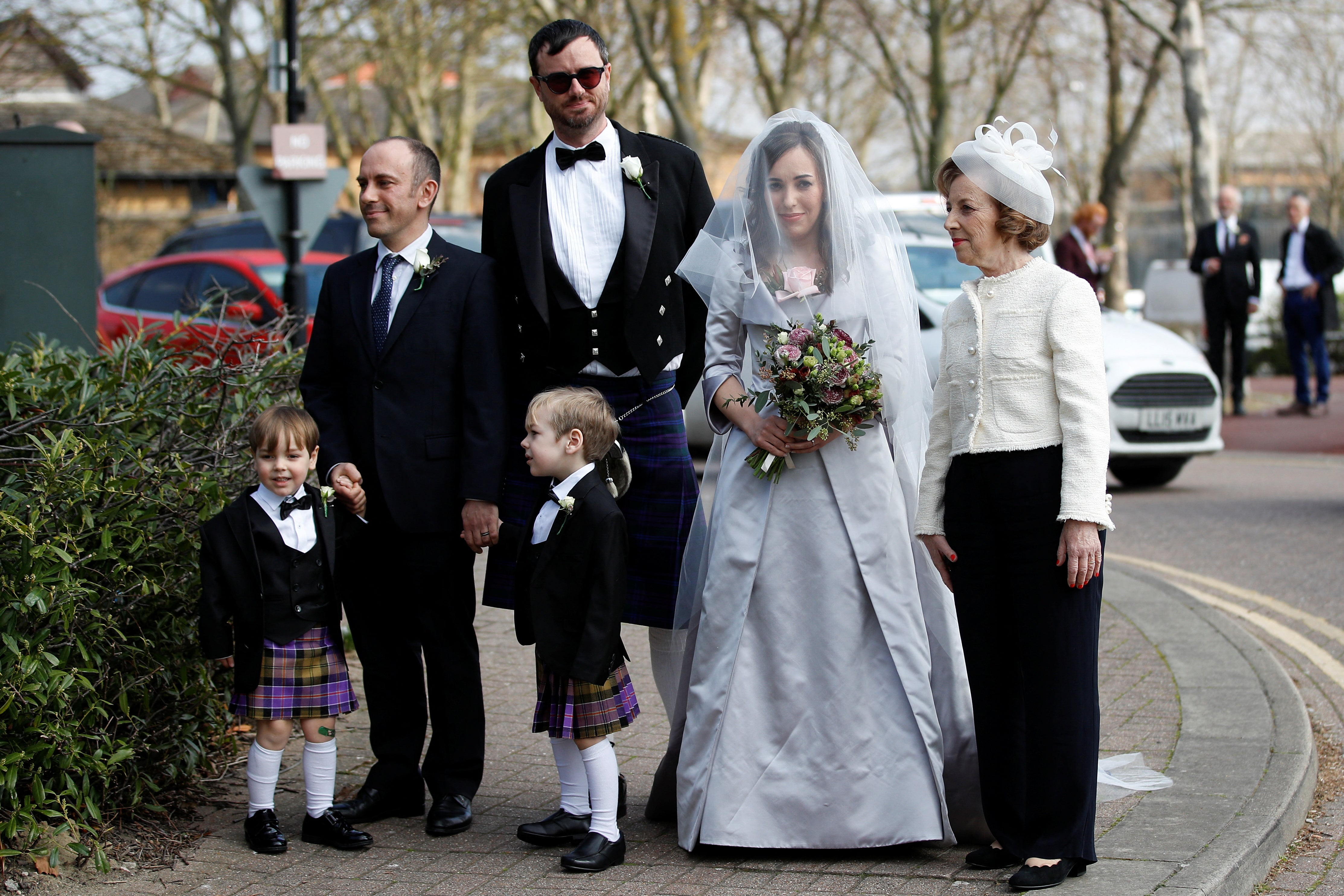 Stella Moris, partner of WikiLeaks founder Julian Assange, arrives with their sons Max, 3, and Gabriel, 4, at HMP Belmarsh prison before her wedding to Assange