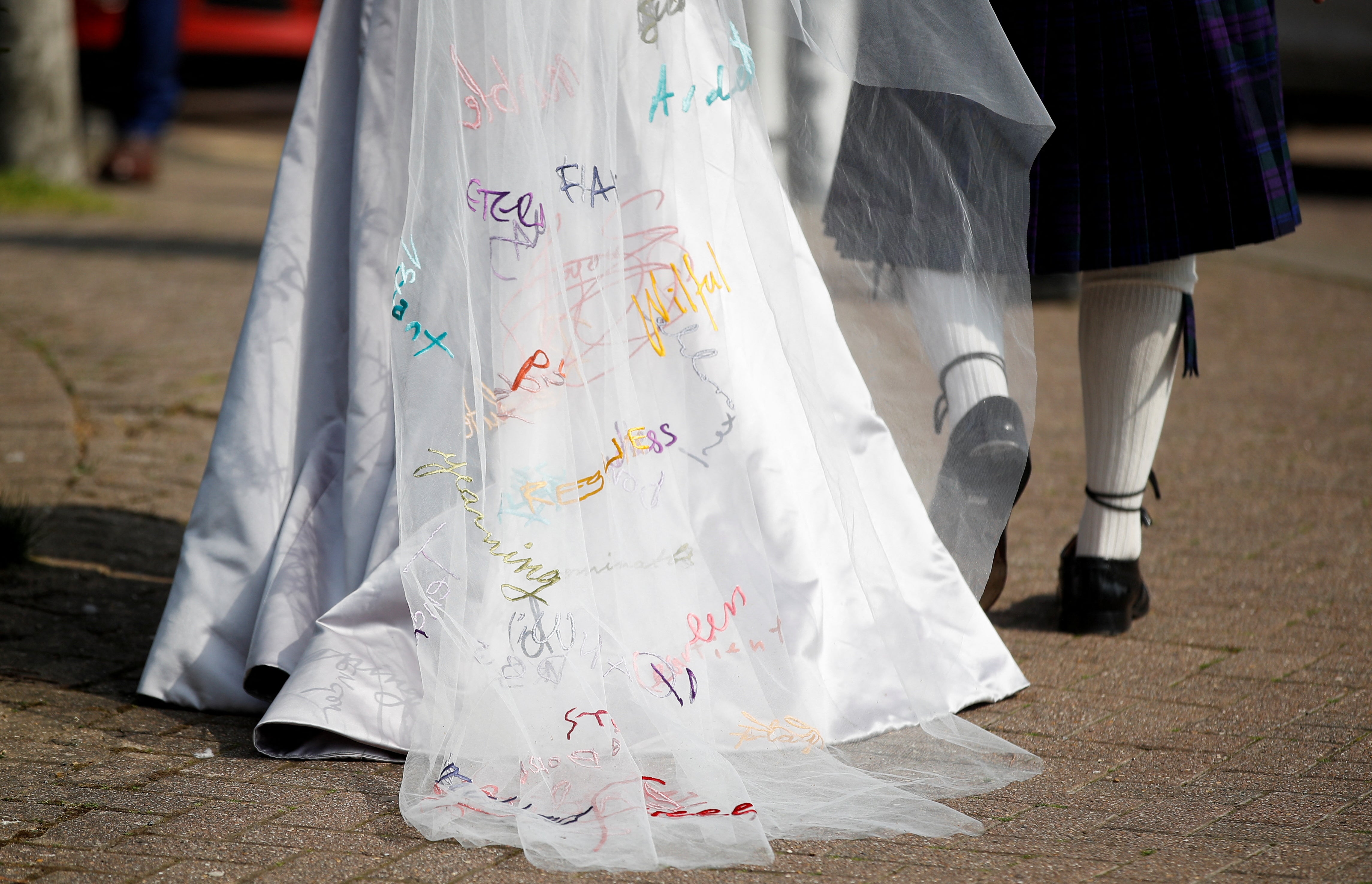 A view shows a detail of the wedding dress worn by Stella Moris, partner of WikiLeaks founder Julian Assange