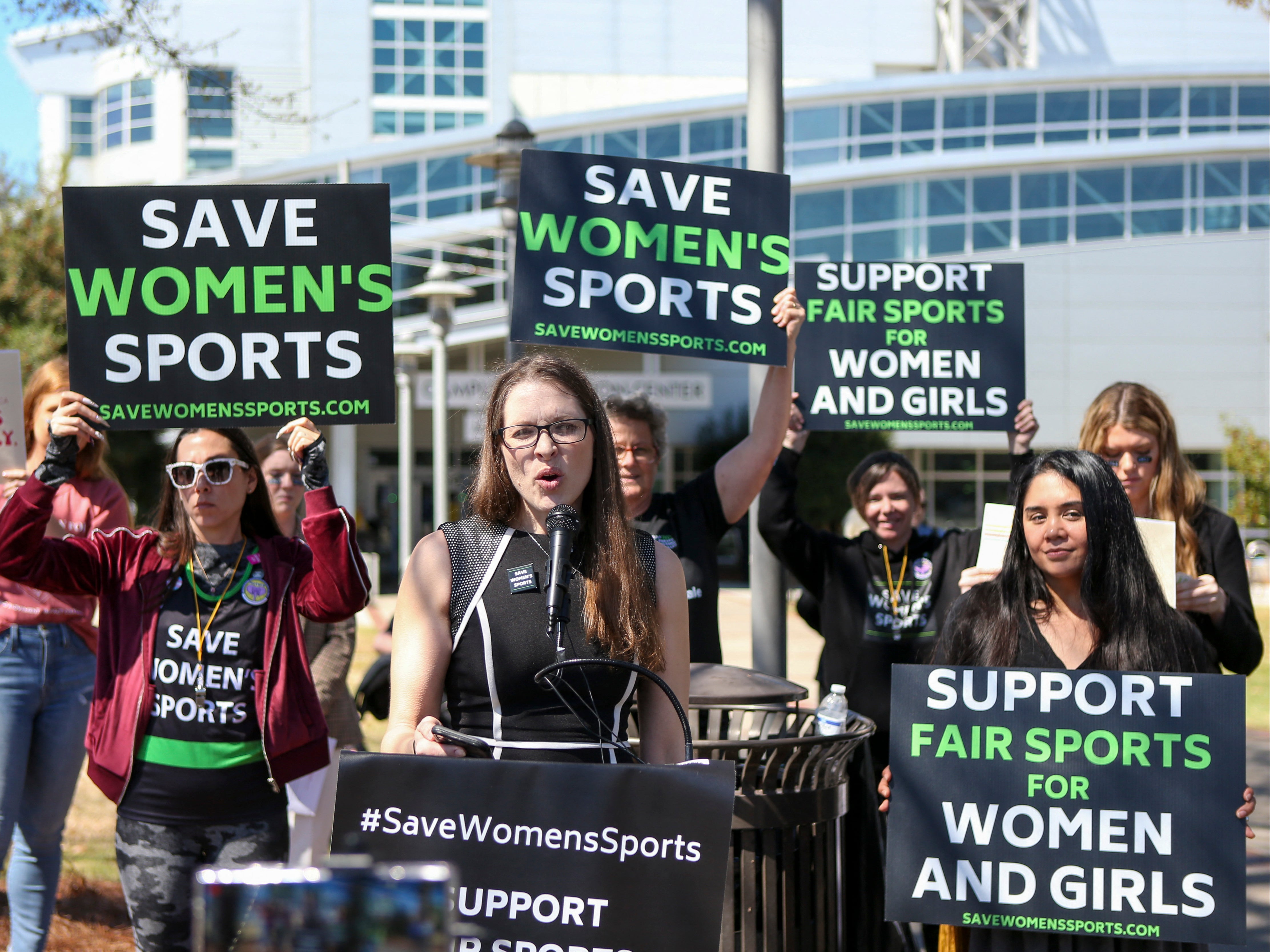 Protesters hold a press conference outside the NCAA women’s swimming championship in Georgia on 17 Mar 2022