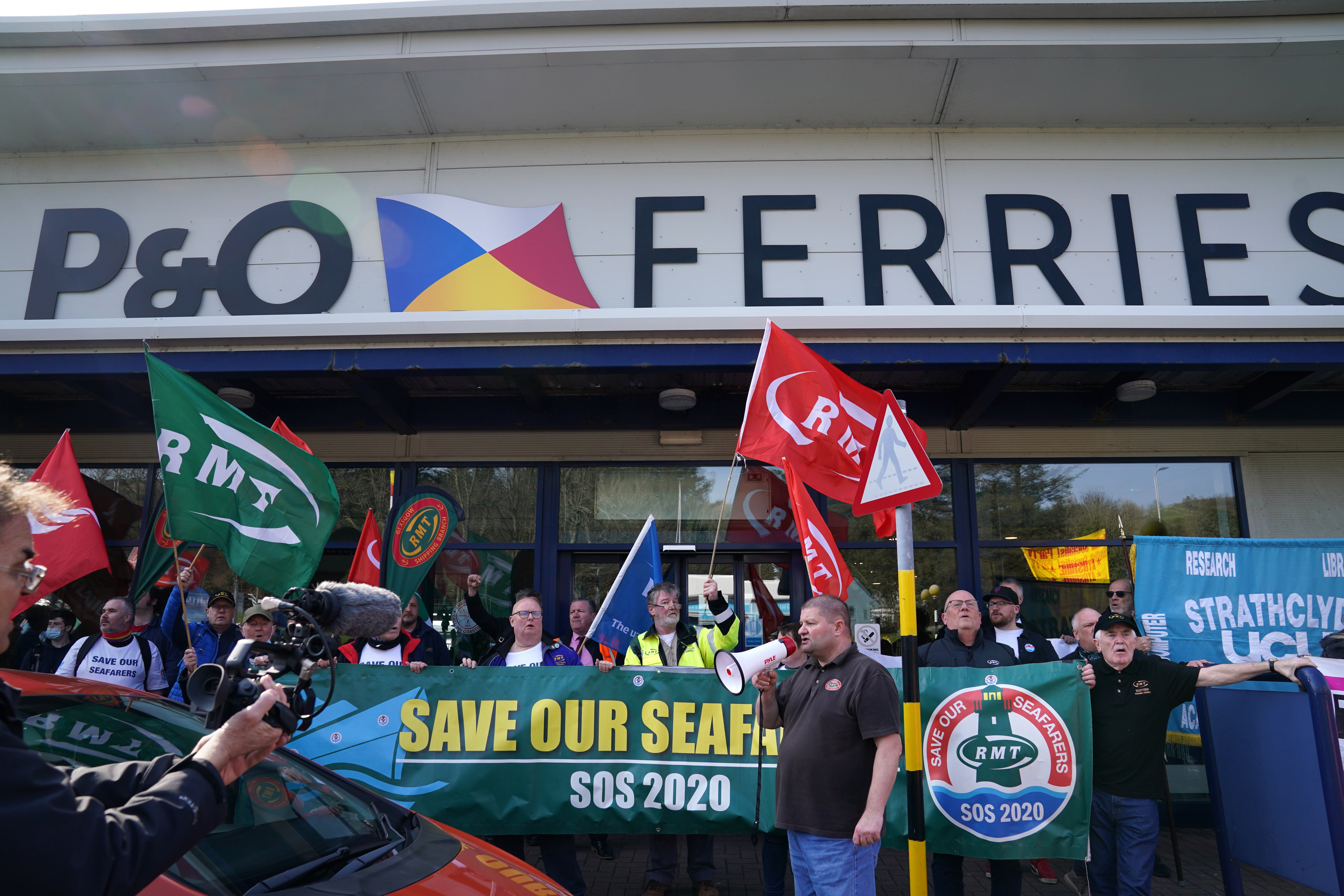 People take part in a demonstration against the dismissal of P&O workers in Cairnryan, Dumfries and Galloway (Andrew Milligan/PA)