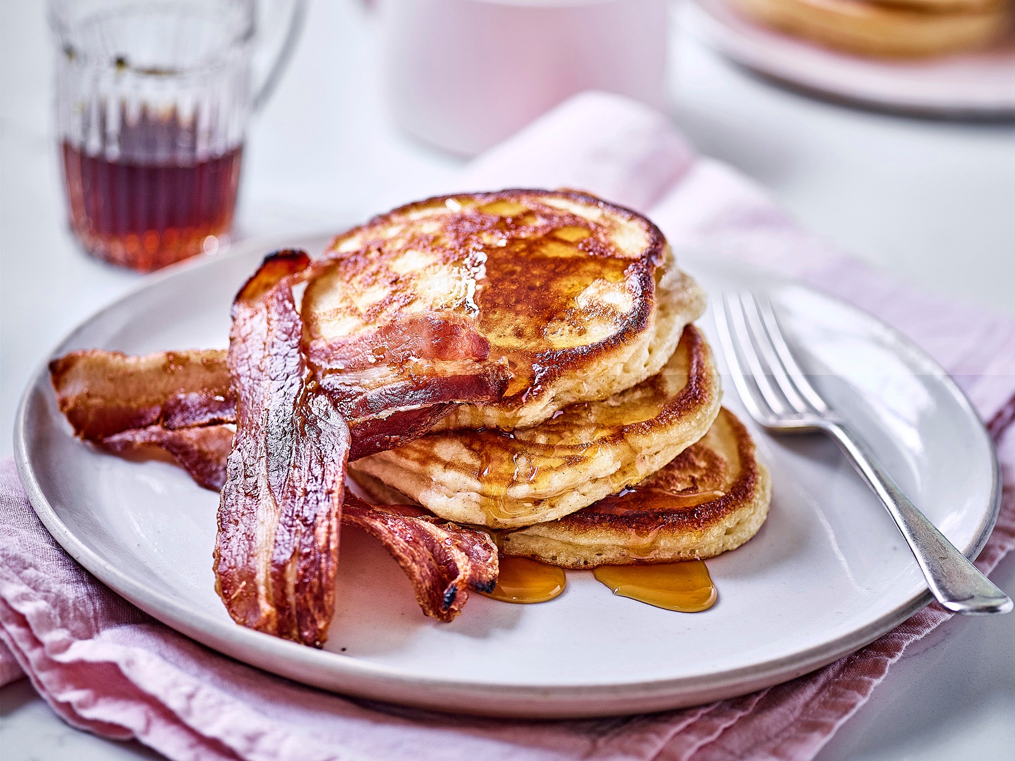 Hoping to feed the family a healthy twist on this breakfast classic? Try serving the pancakes with fresh fruit instead of the bacon and syrup