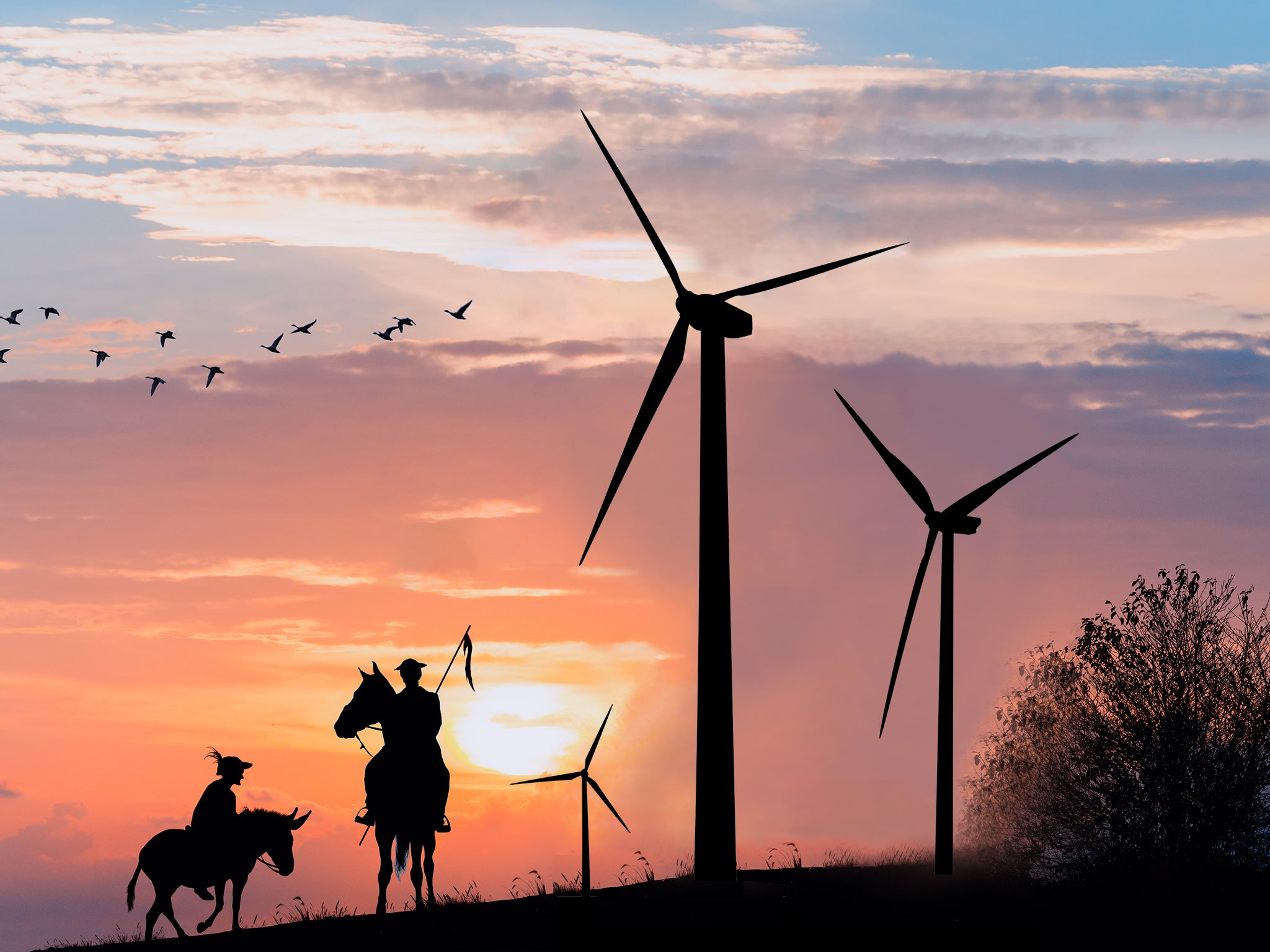 Don Quixote and Sancho Panza assess a fearsome enemy