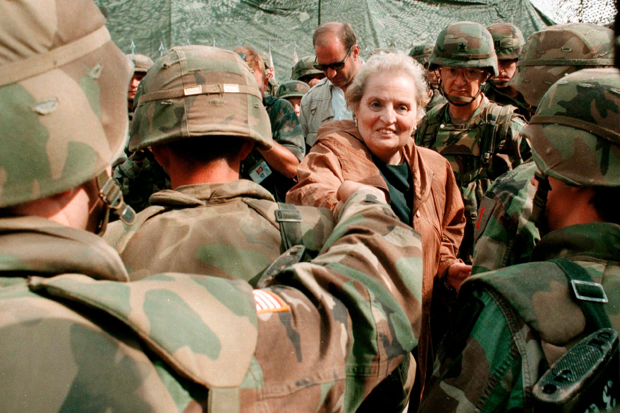 Albright greets US Soldiers at Bondsteel camp near Urosevac, Kosovo