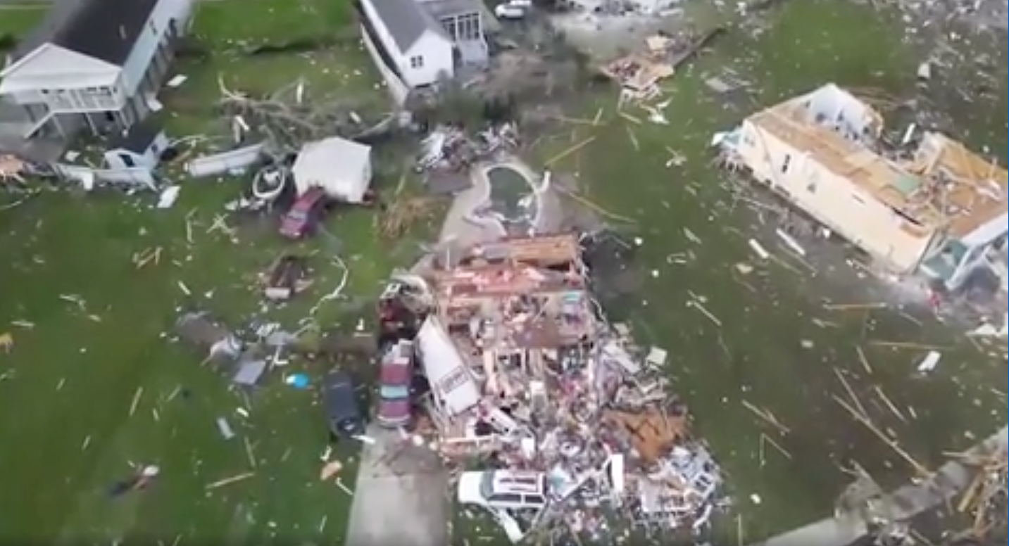 Drone footage of the tornado that made landfall in New Orleans, Louisiana and flattened the neighbourhood of Alabi is shown.