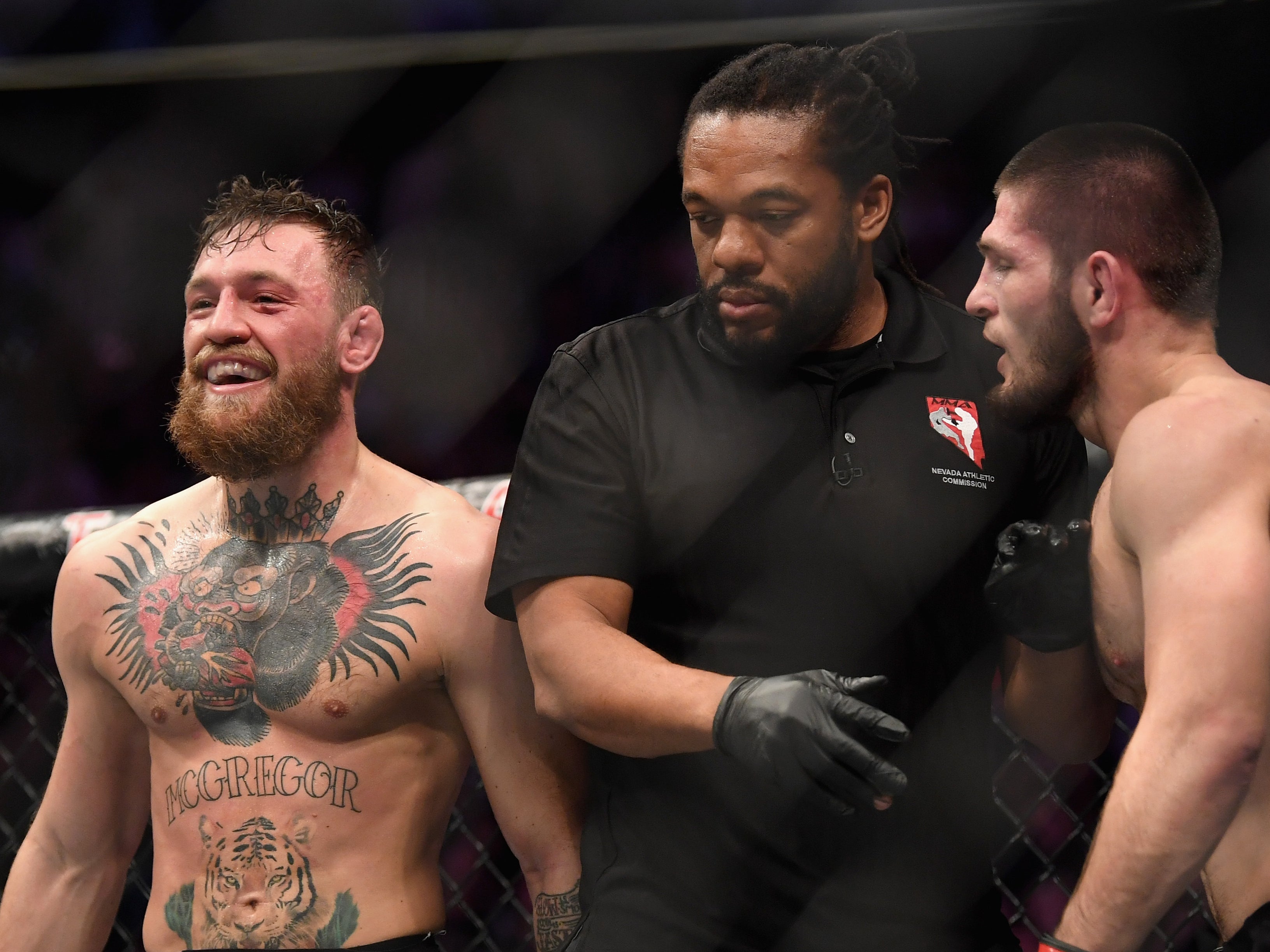 Conor McGregor (left) during his loss to Khabib Nurmagomedov in 2018