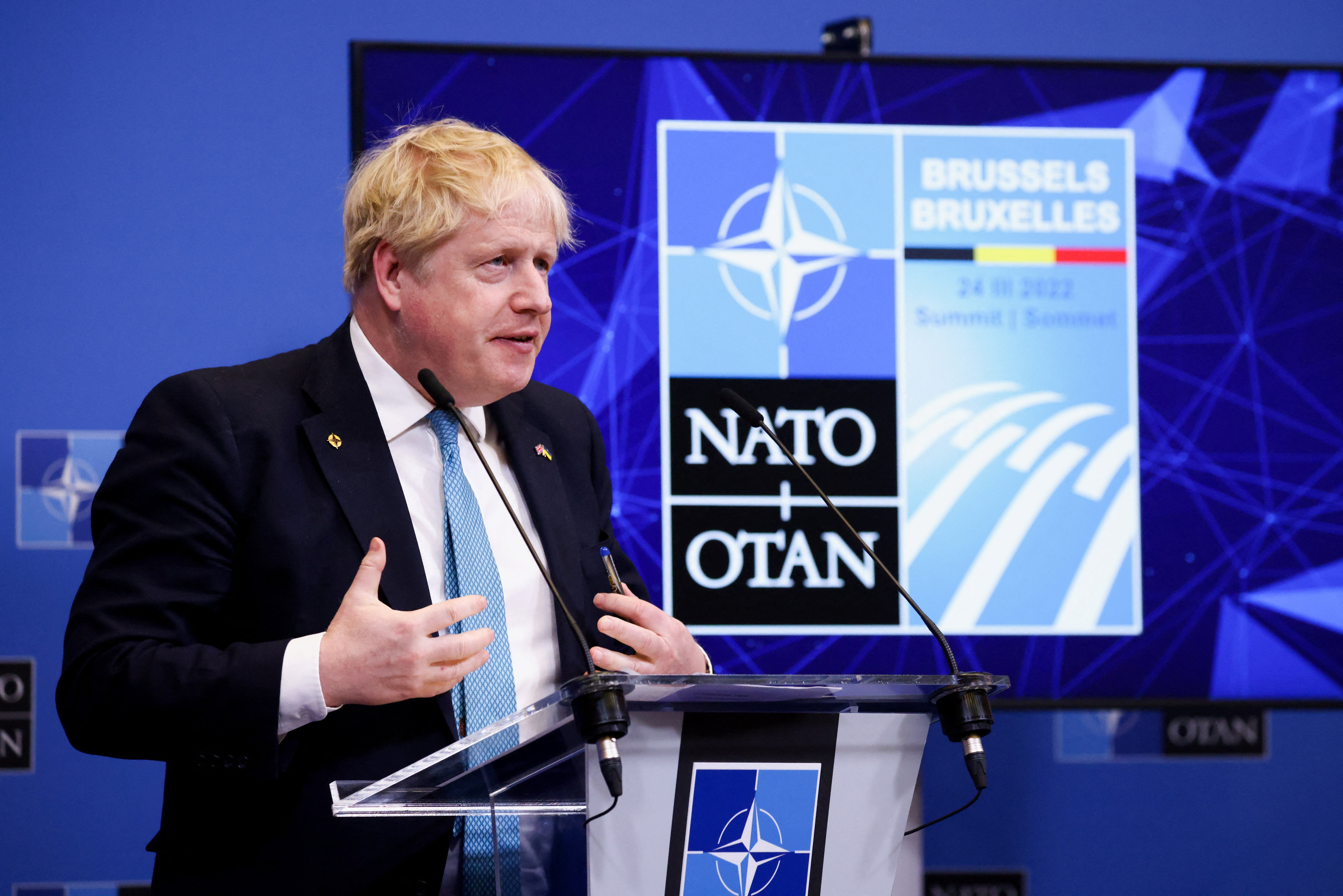 Prime Minister Boris Johnson speaks during a press conference following a special meeting of Nato leaders in Brussels, Belgium (Henry Nicholls/PA)