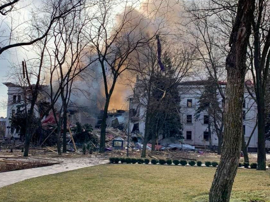 Donetsk Regional Theatre of Drama destroyed by a Russian airstrike in Mariupol