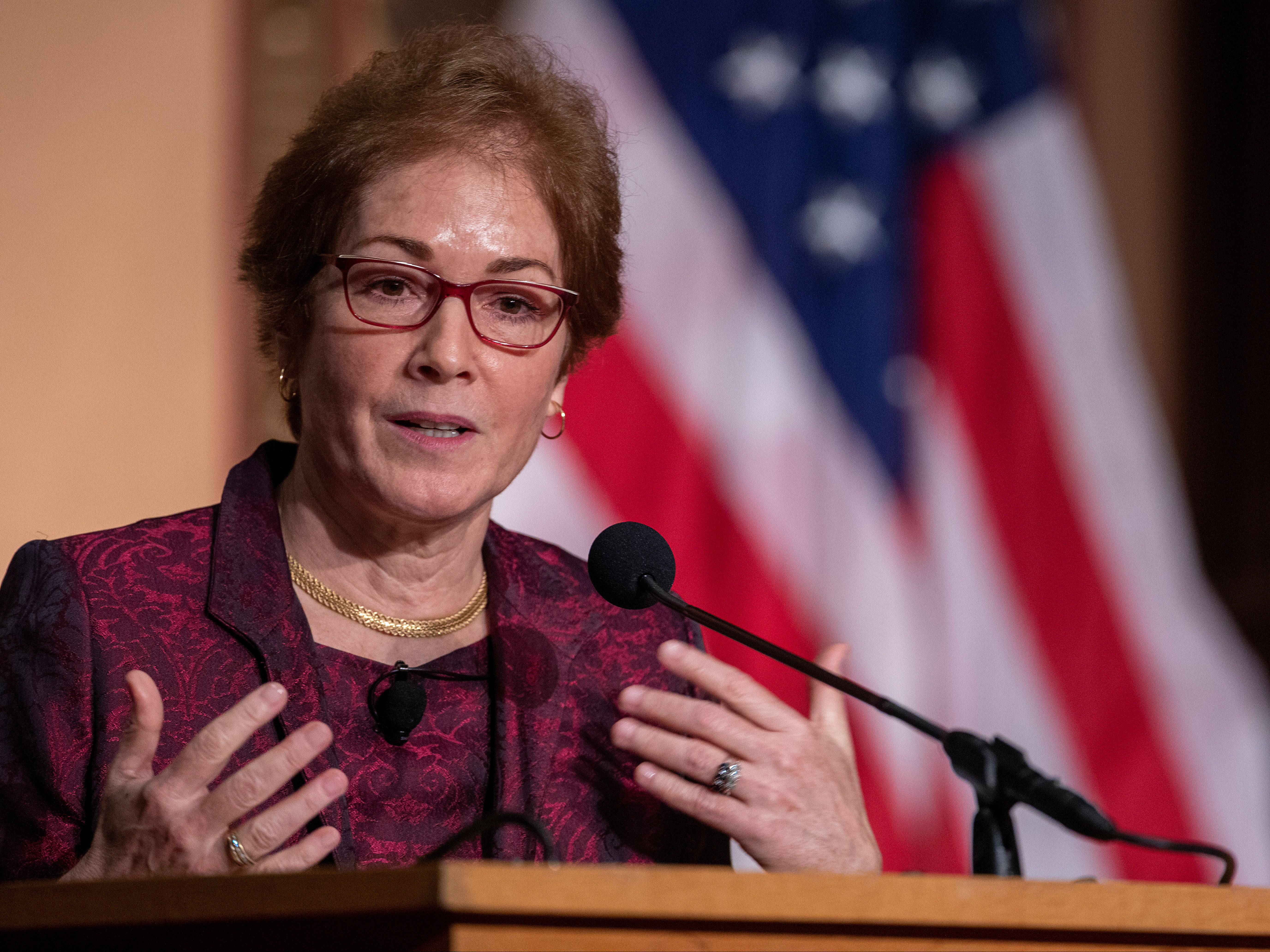 Former U.S. Ambassador Marie Yovanovitch speaks during a ceremony awarding her the Trainor Award for “Excellence in the Conduct of Diplomacy” at Georgetown University on February 12, 2020