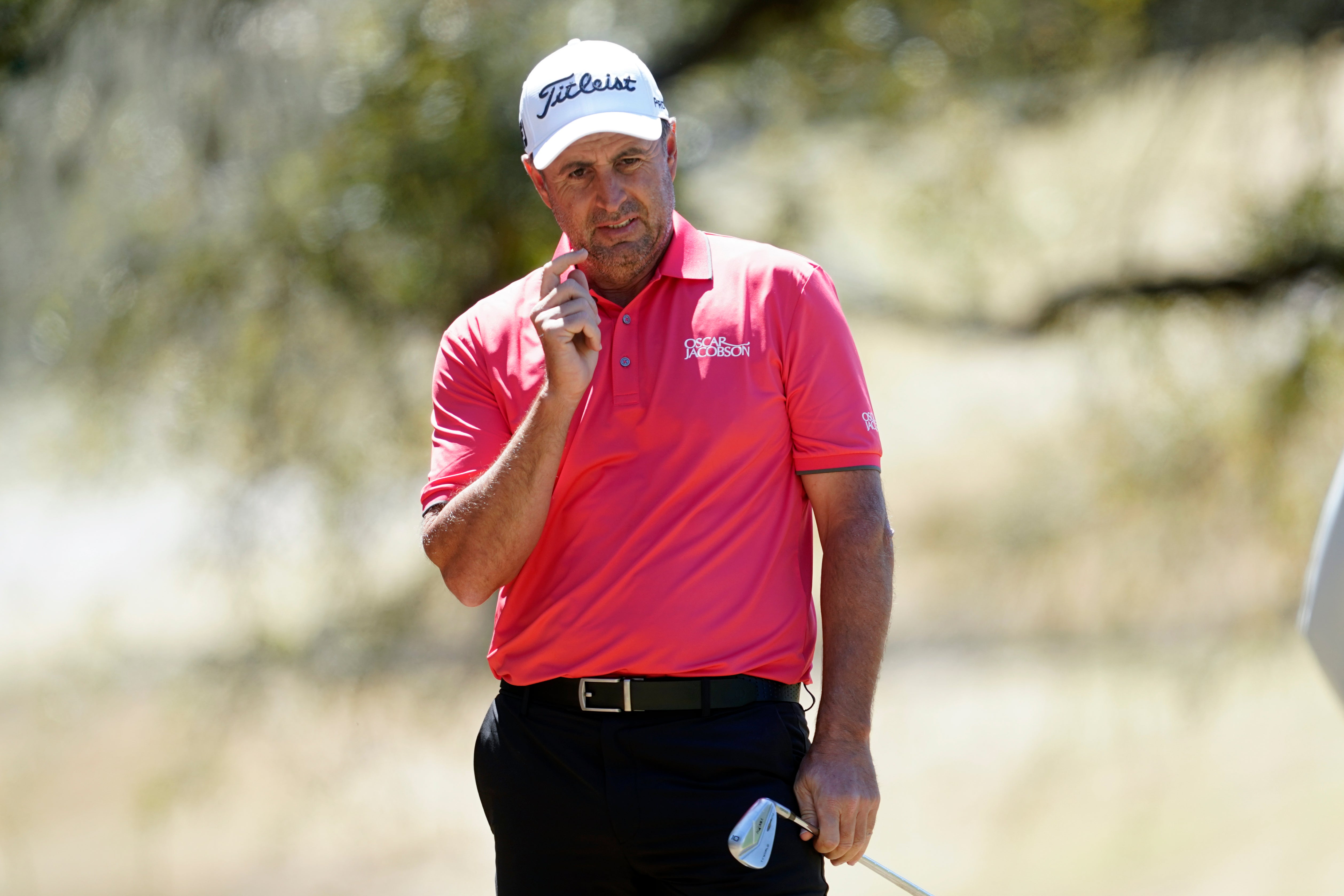 Richard Bland reacts to his chip shot onto the sixth green in the second round of the Dell Technologies Match Play (Tony Gutierrez/AP)