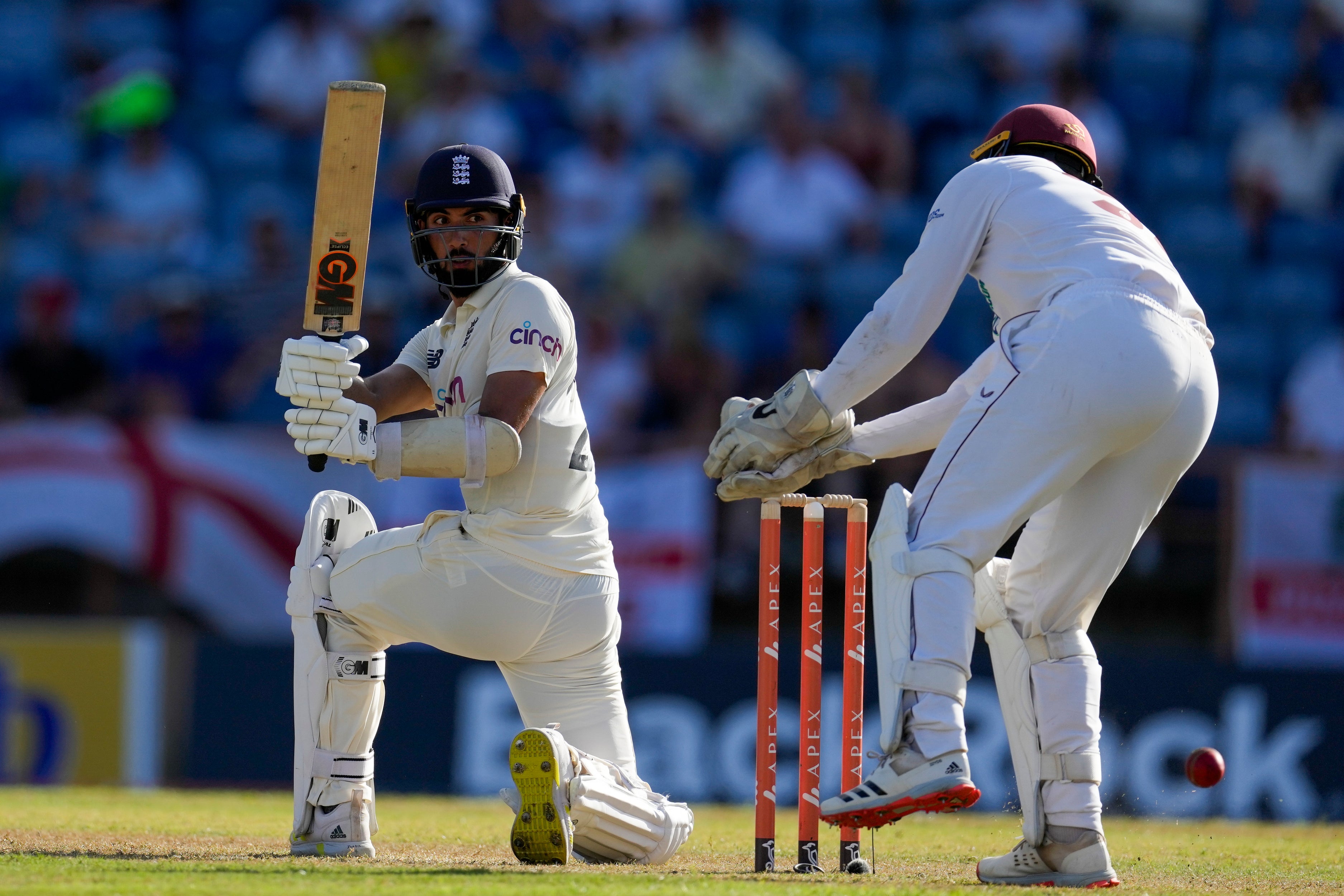 Saqib Mahmood helped bail England out of trouble on day one (Ricardo Mazalan/AP)