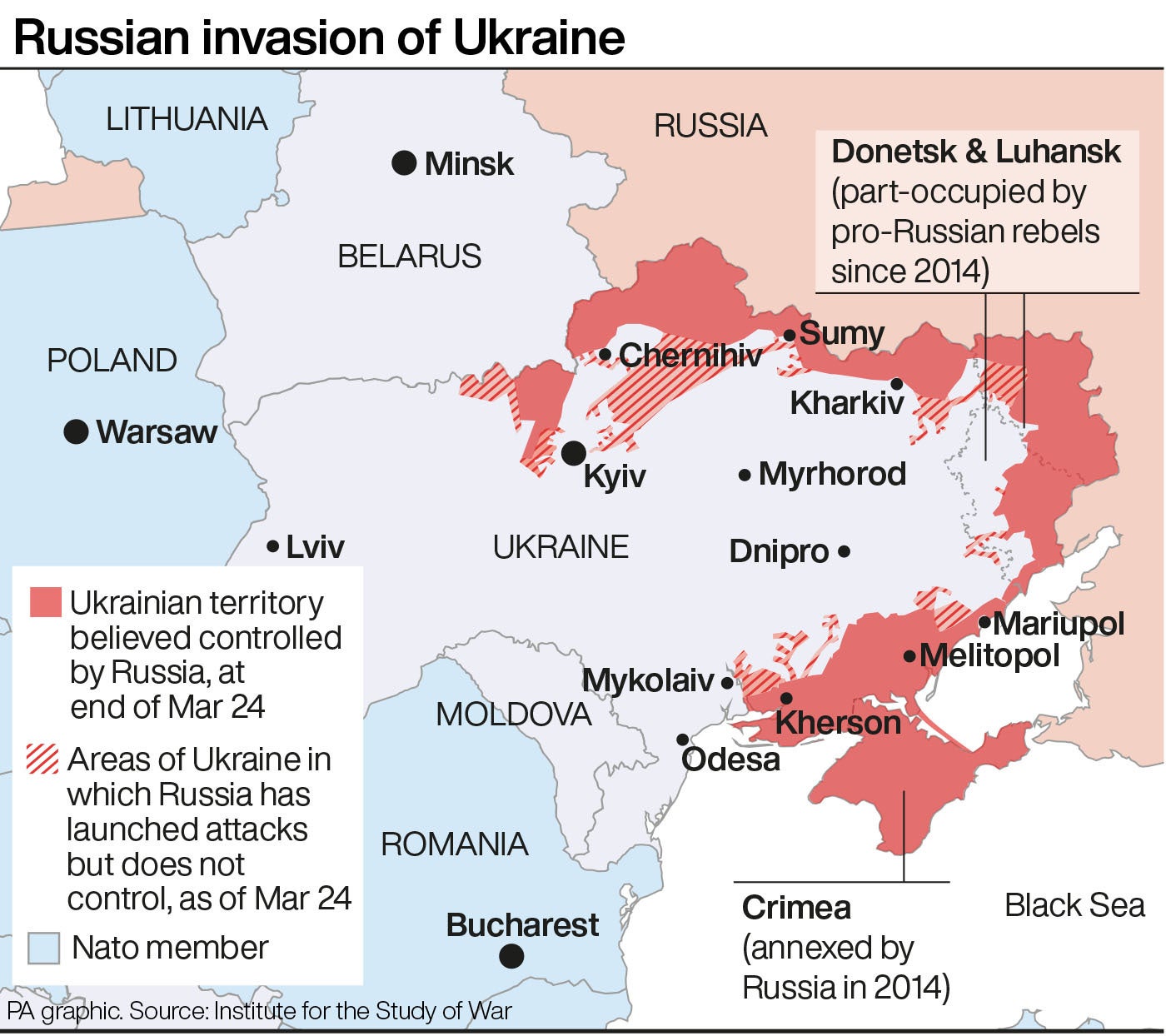 This map shows the extent of the Russian invasion of Ukraine as of 25 March