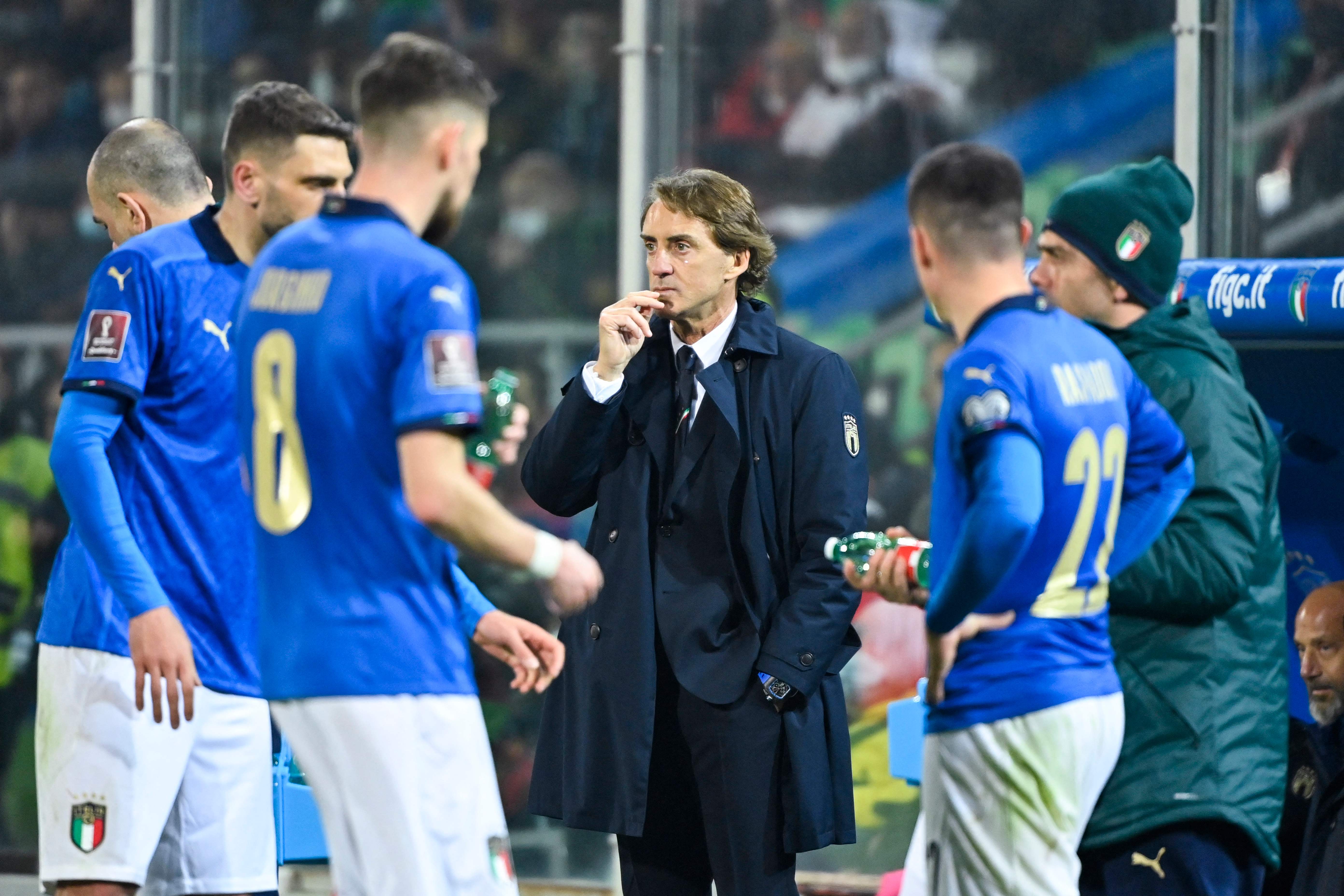 Roberto Mancini reacts at the end of the 2022 World Cup qualifying play-off football match between Italy and North Macedonia