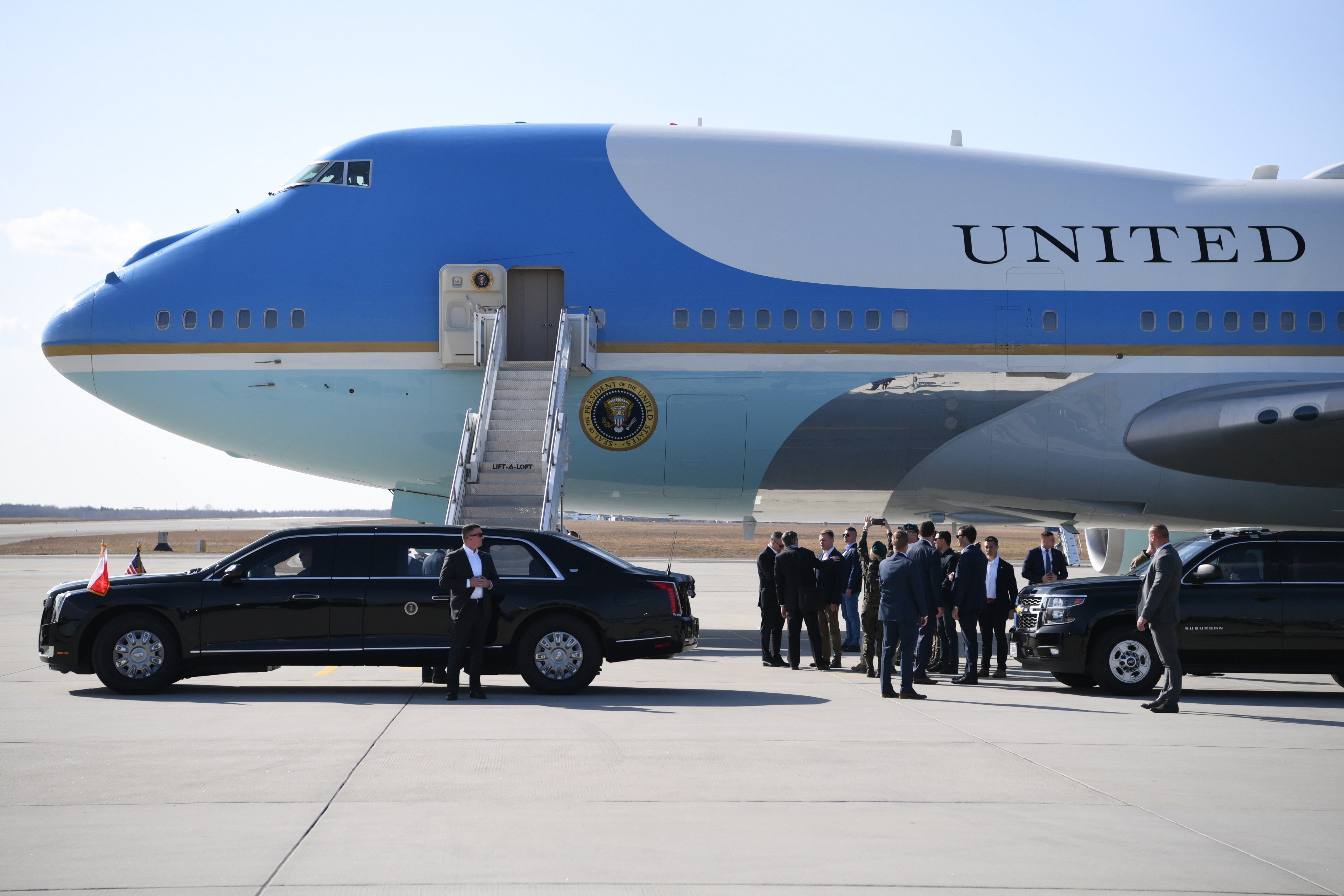 Air Force One with US president Joe Biden on board arrives at the airport in Jasionka, near Rzeszow, southern Poland