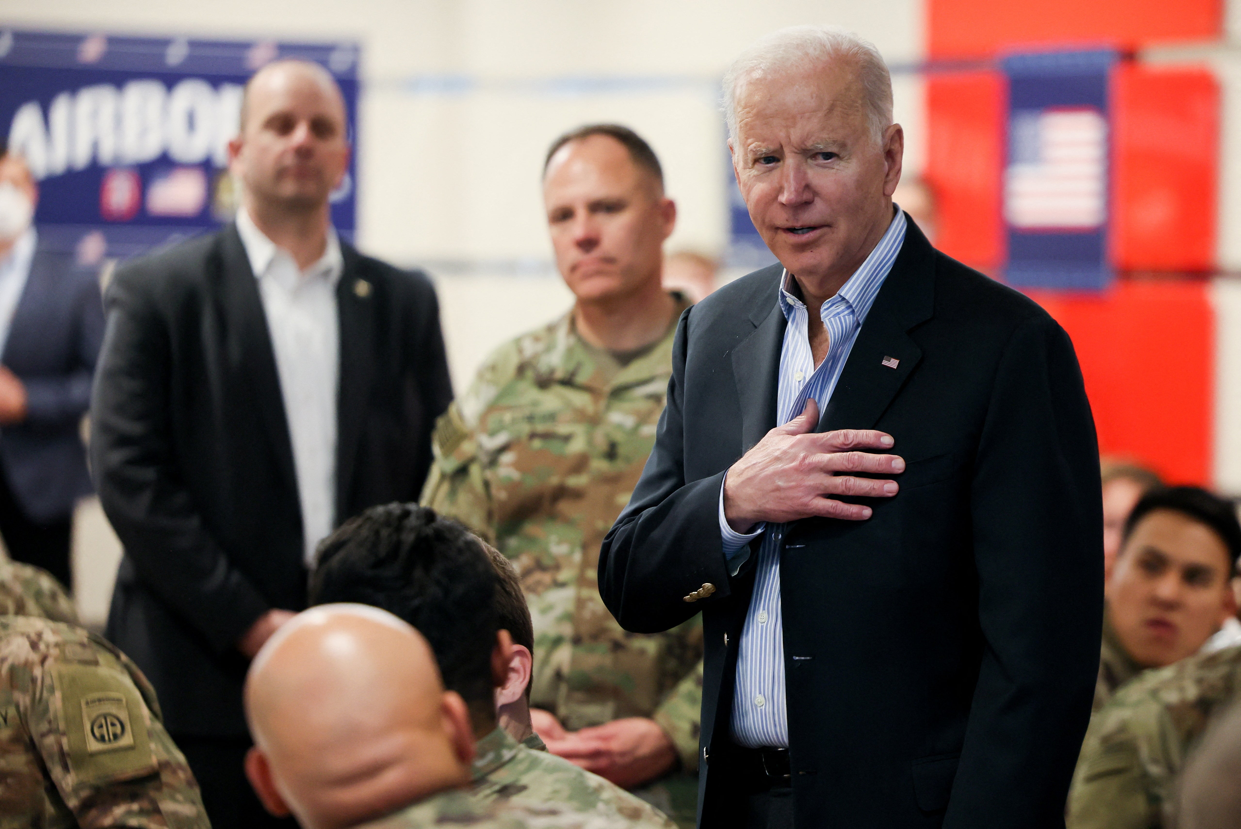 U.S. President Joe Biden meets with U.S. Army soldiers assigned to the 82nd Airborne Division at the G2 Arena in Jasionka, near Rzeszow, Poland, March 25, 2022. REUTERS/Evelyn Hockstein