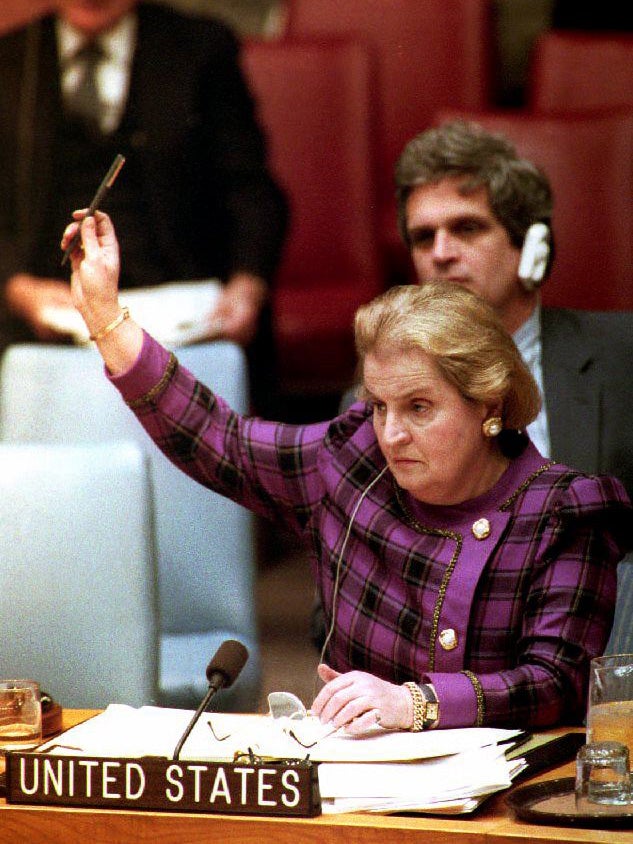 Albright votes to create an international war crimes tribunal for Yugoslavia at a UN Security Council meeting in 1993