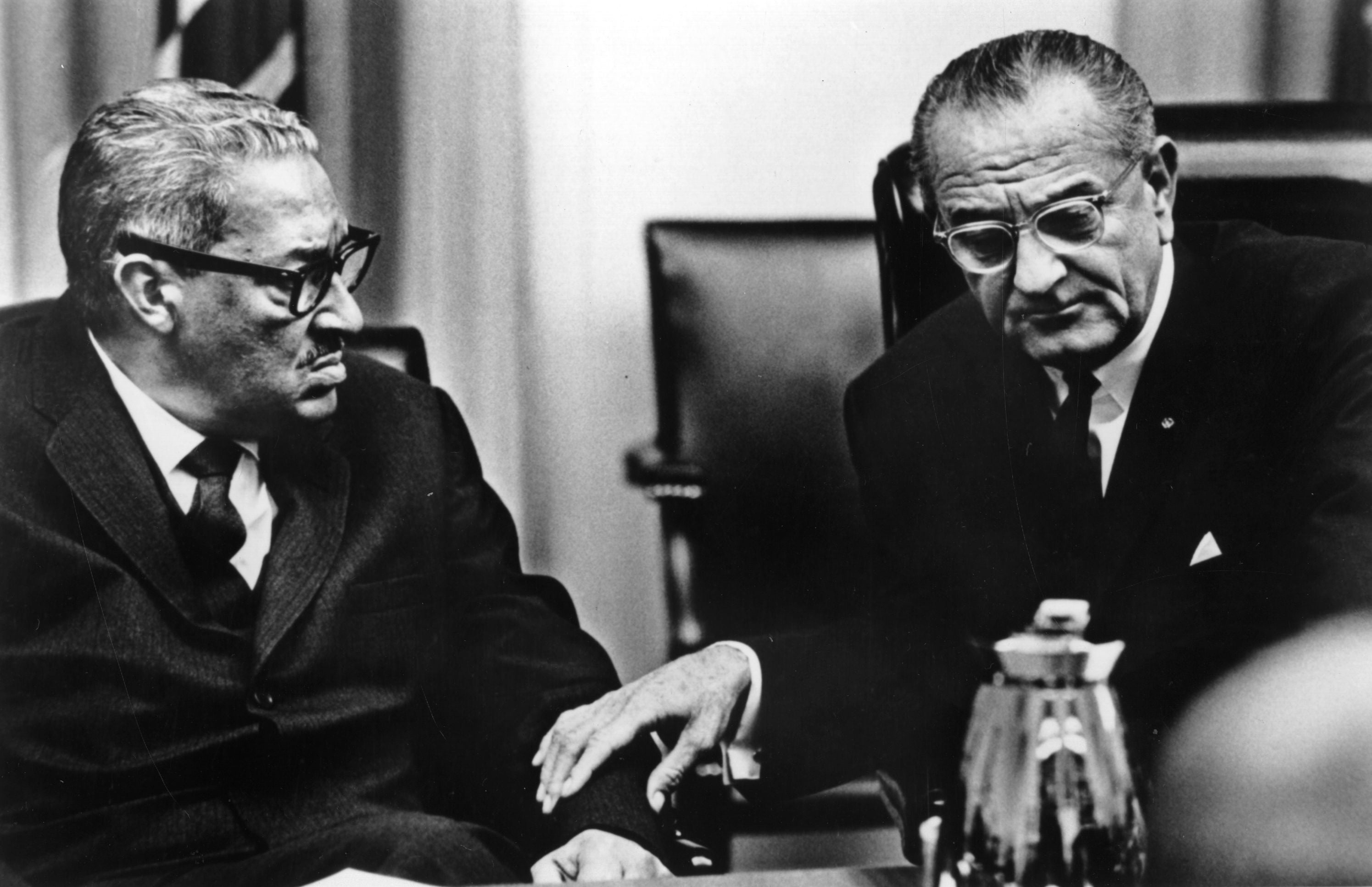 Judge Thurgood Marshall (left) in discussion with Lyndon Baines Johnson, after his appointment to Supreme Court