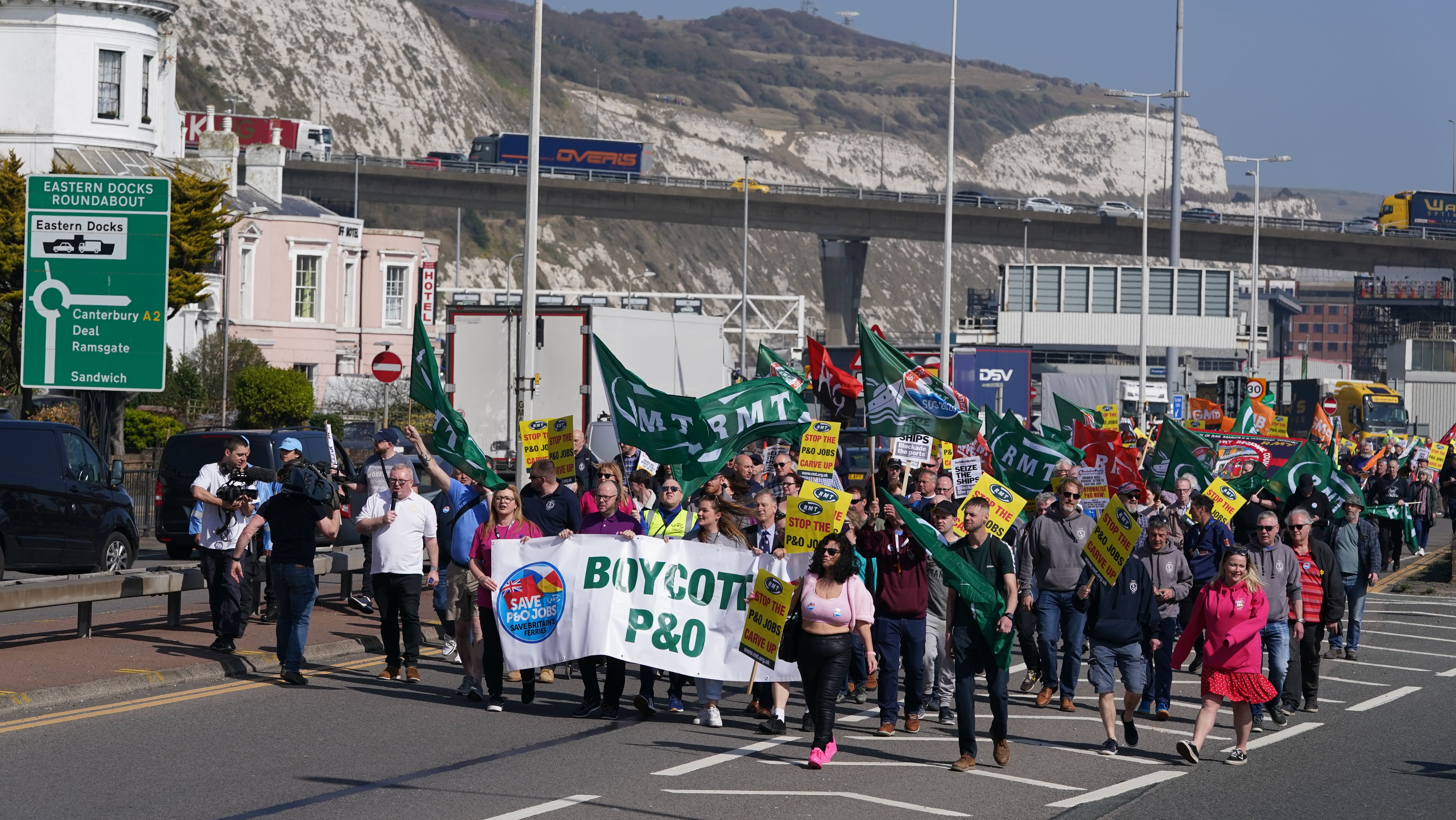 People take part in a demonstration against the dismissal of P&O workers organised by the Rail, Maritime and Transport (RMT) union