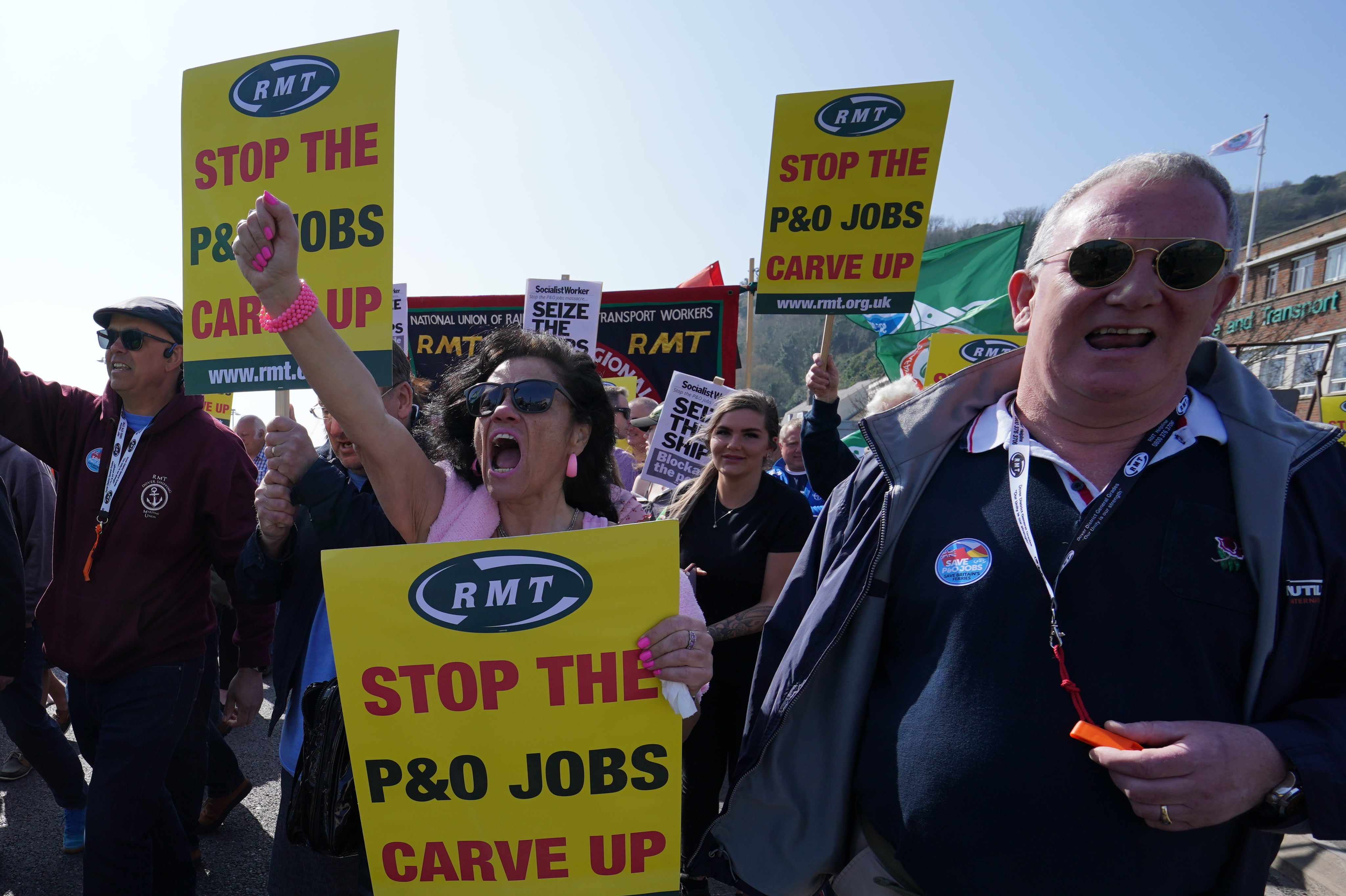 People take part in a demonstration against the dismissal of P&O workers organised by the Rail, Maritime and Transport (RMT) union at the Port of Dover, Kent