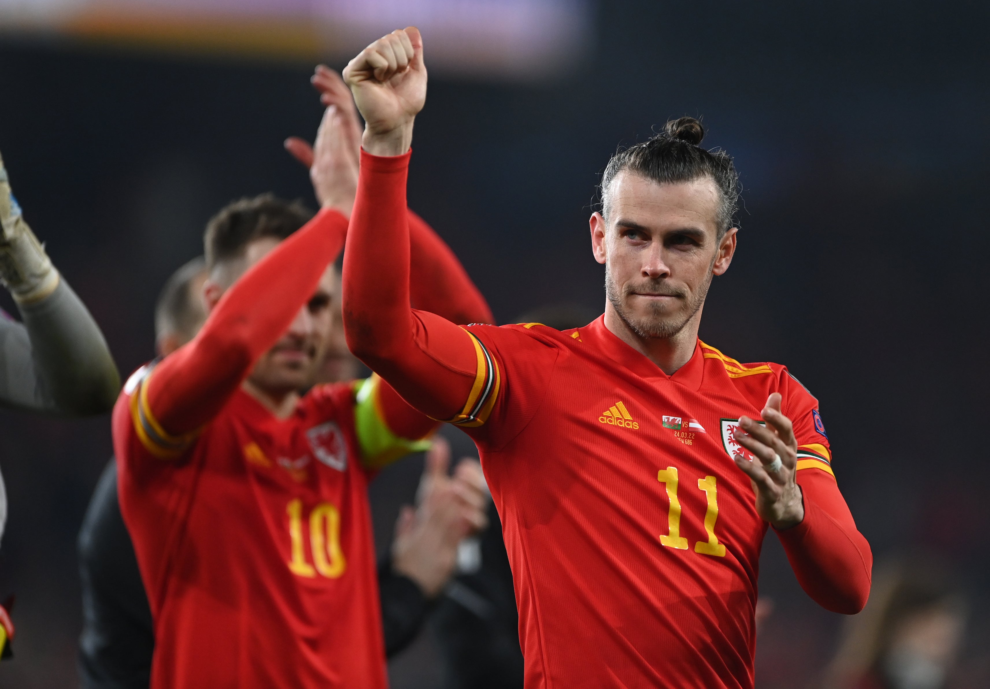 Gareth Bale (right) celebrates after scoring twice in a 2-1 World Cup semi-final play-off victory over Austria (Simon Galloway/PA)