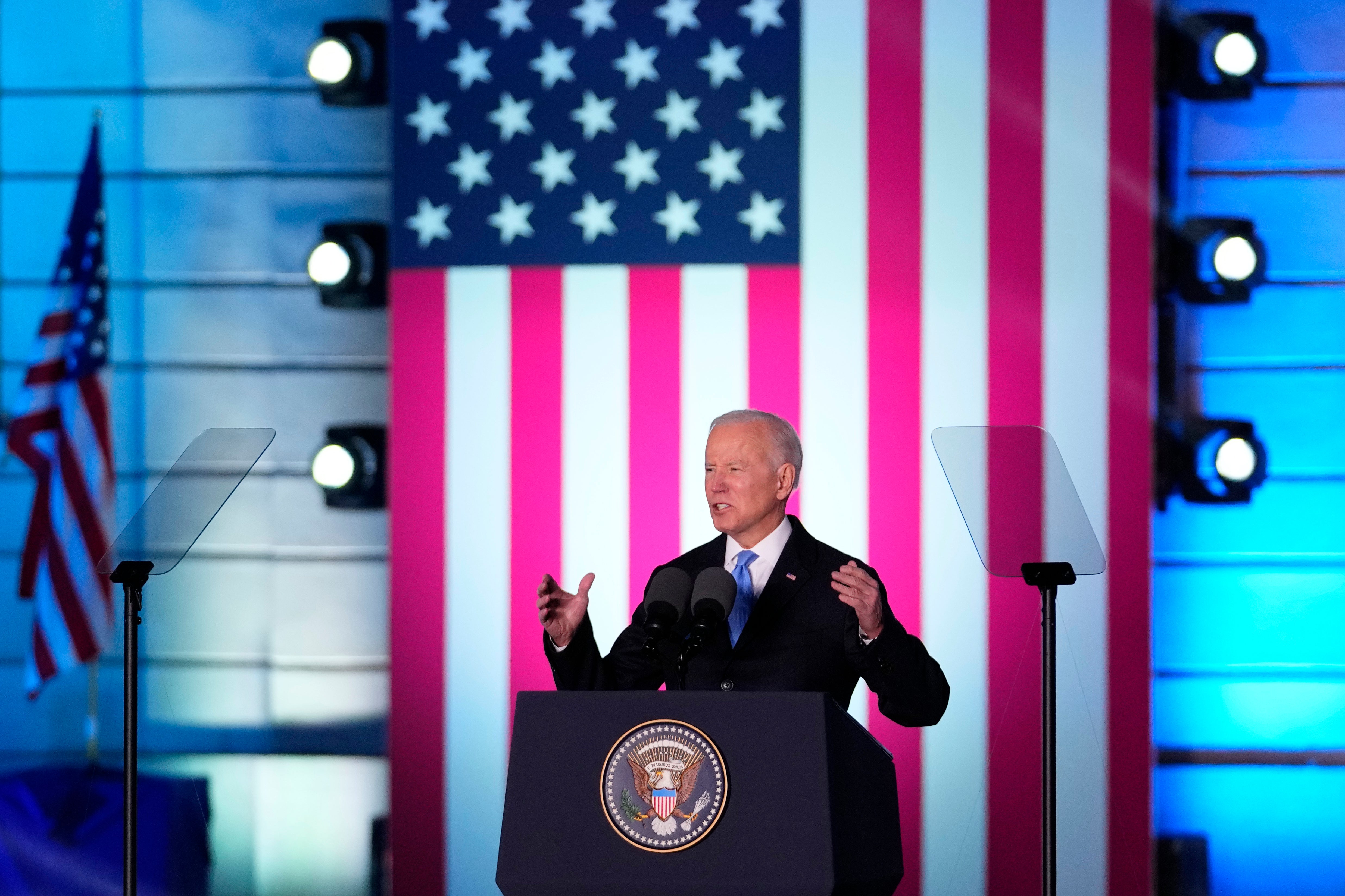 US president Joe Biden delivers a speech at the Royal Castle in Warsaw (Petr David Josek/AP)