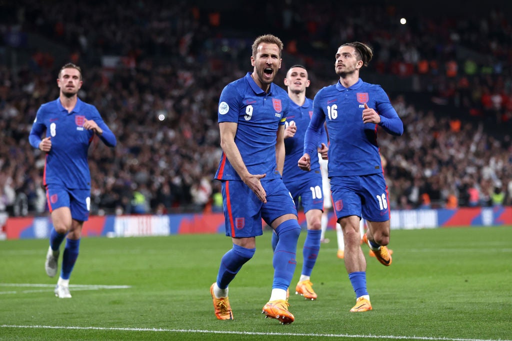 The captain runs to the crowd after scoring England’s second goal