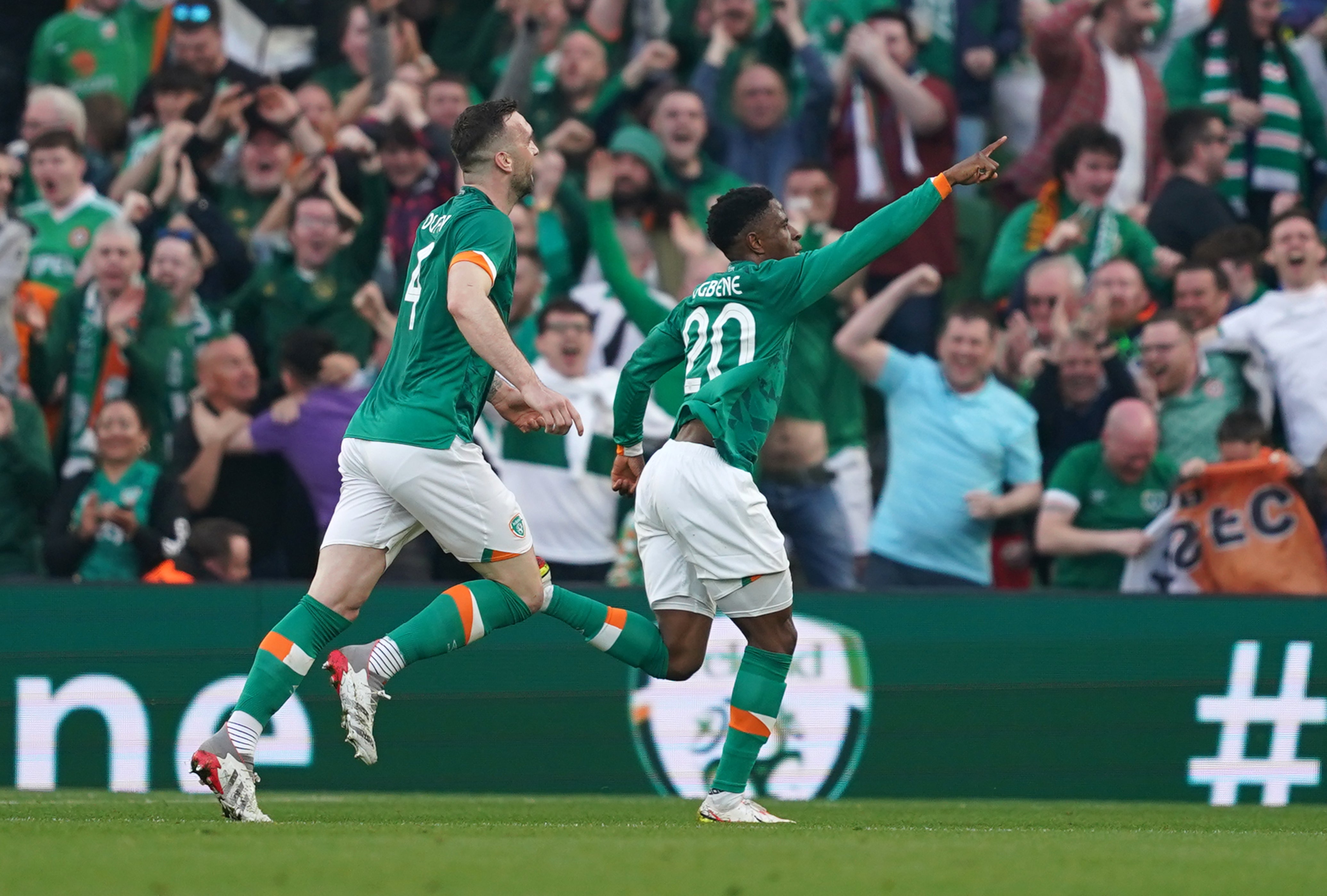 Chiedozie Ogbene (right) celebrates scoring the Republic of Ireland’s first equaliser against Belgium (Brian Lawless/PA)