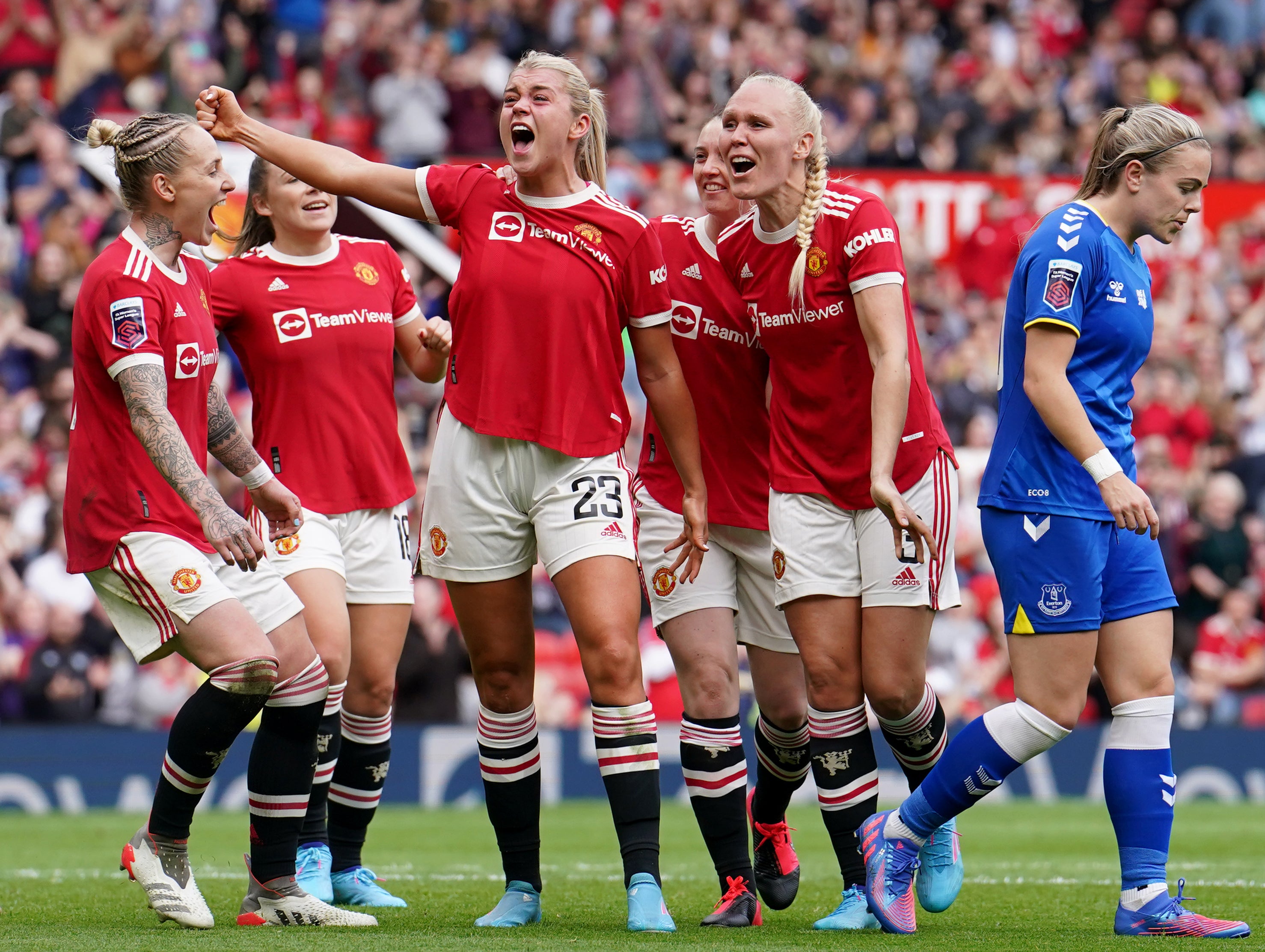 Alessia Russo celebrates her second goal in front of Manchester United’s fans at Old Trafford (Martin Rickett/PA)