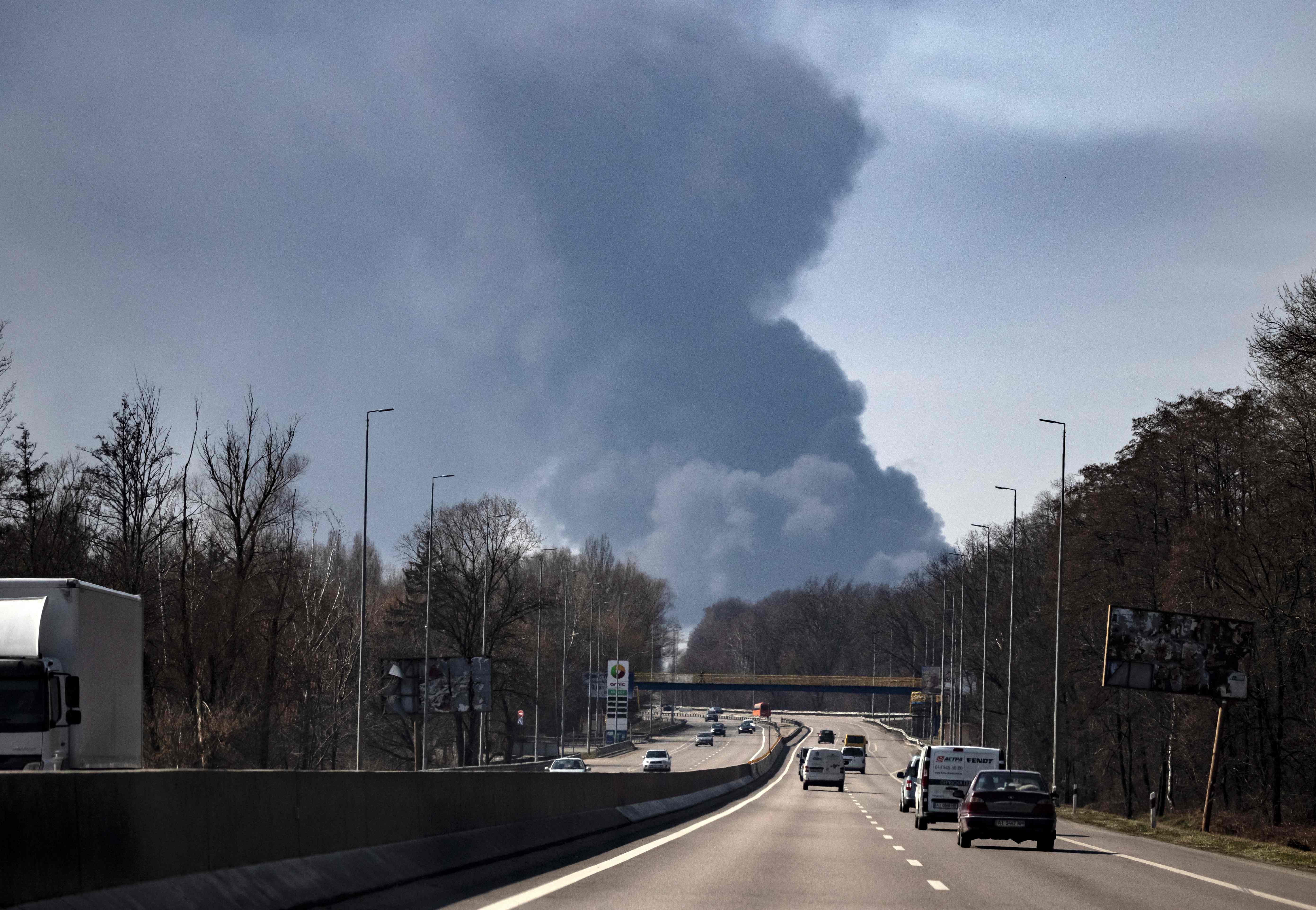 Smoke fills the air over Kalynivka, near Kyiv, on Thursday after a Russian strike on a fuel depot