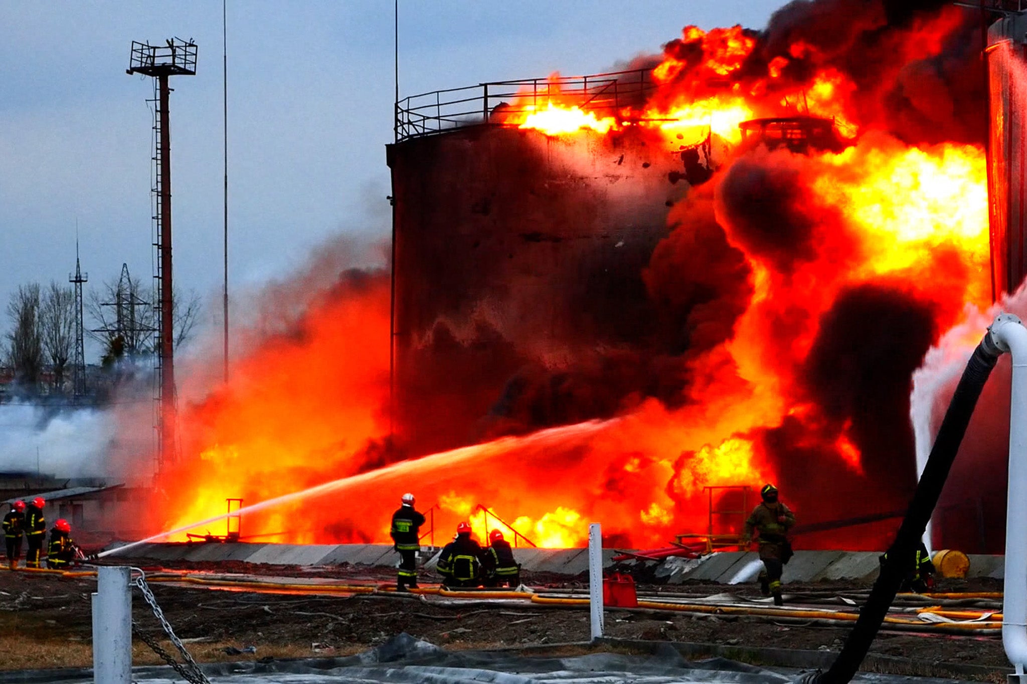 Firefighters battle the aftermath of a Russian strike on a fuel storage facility in Lviv