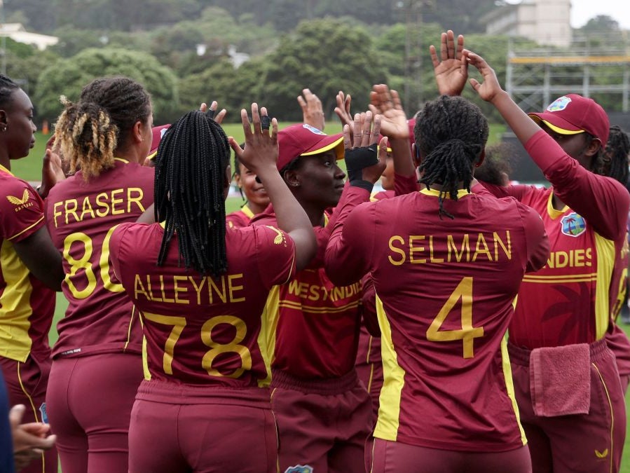 West Indies huddle before the start of play against South Africa