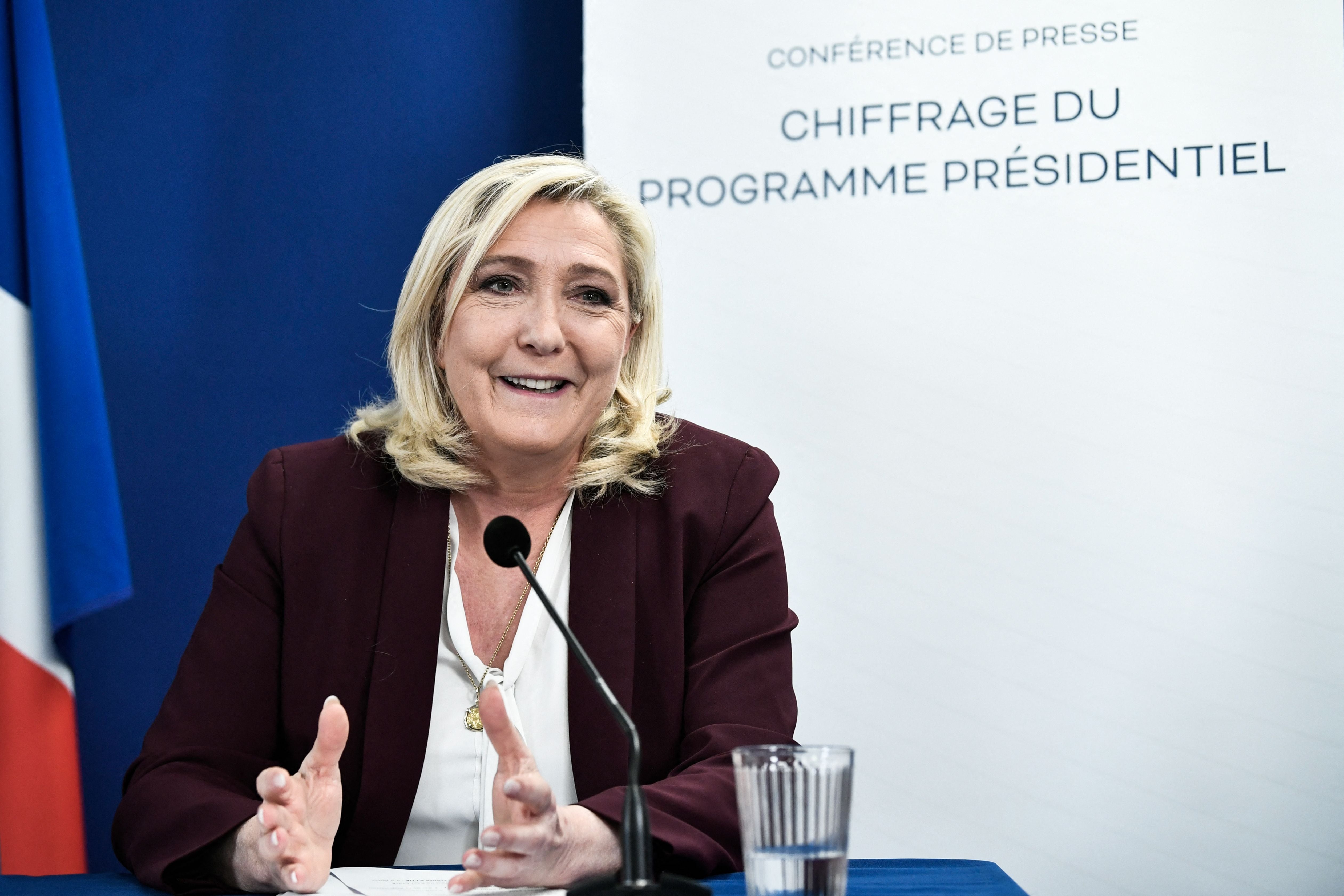 Marine Le Pen speaks during a press conference in Paris, 23 March 2022