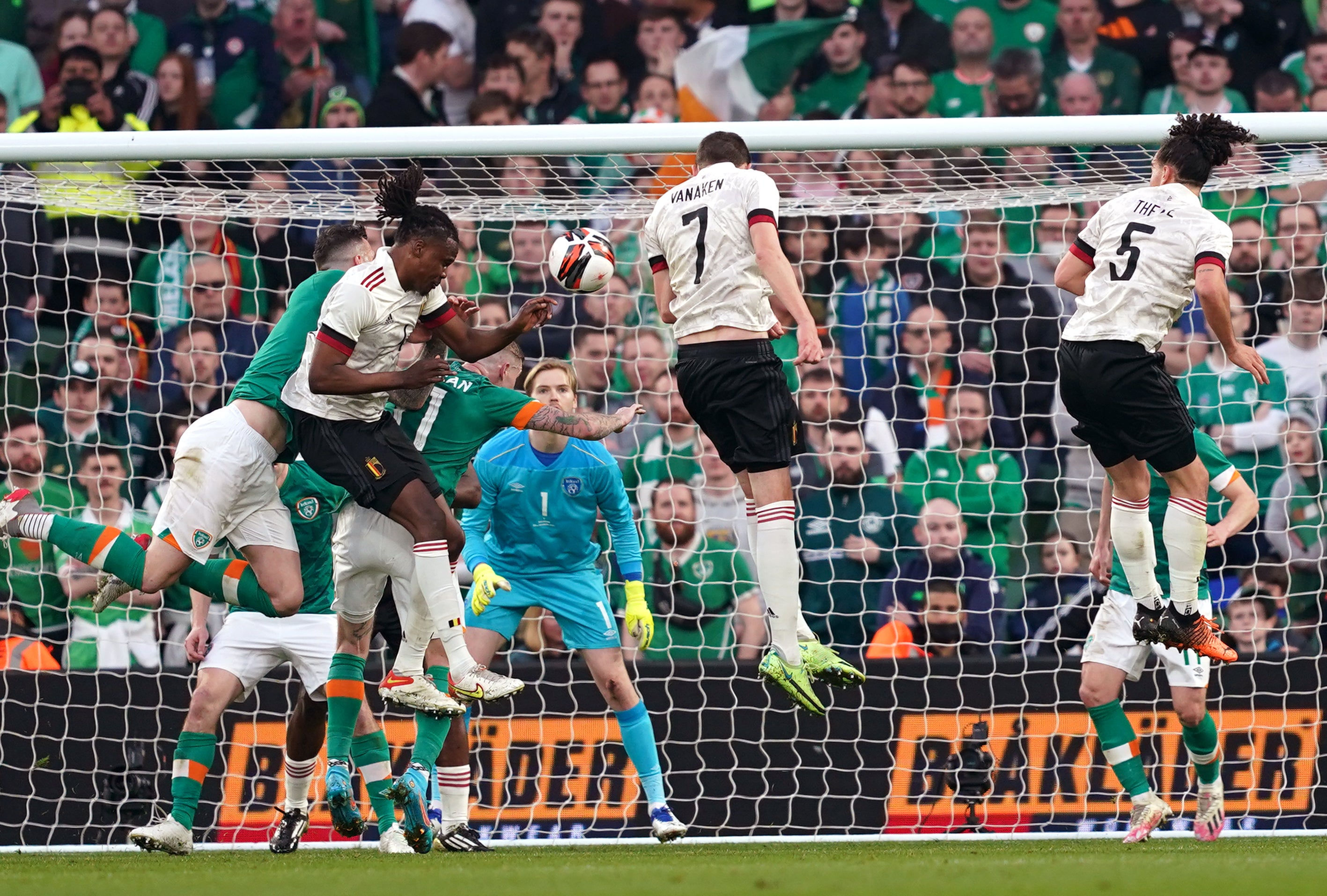 Belgium’s Hans Vanaken (centre) heads his side in front at the Aviva Stadium (Brian Lawless/PA)