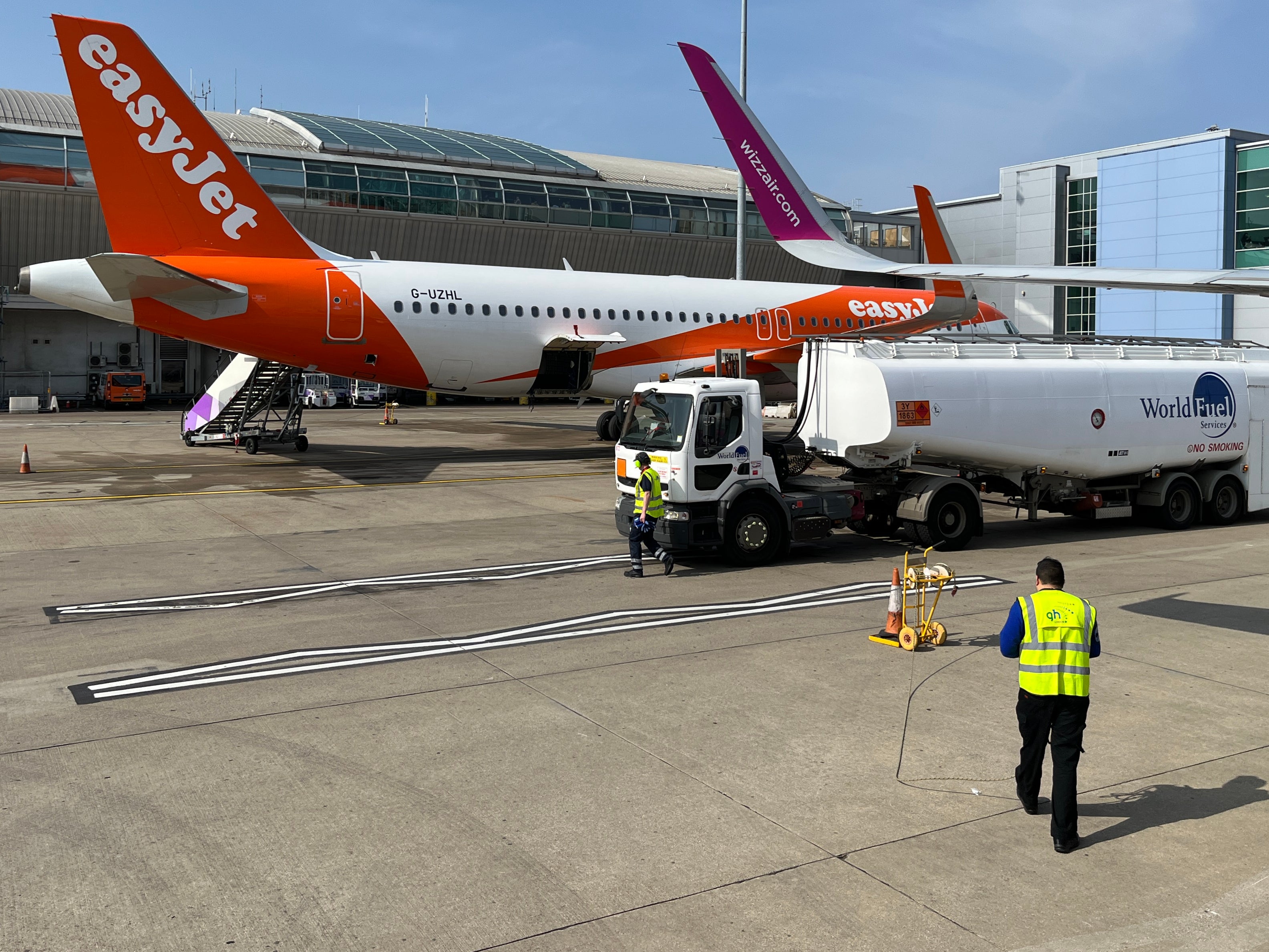 Getting going: easyJet and Wizz Air Airbus A320 jets at Luton airport