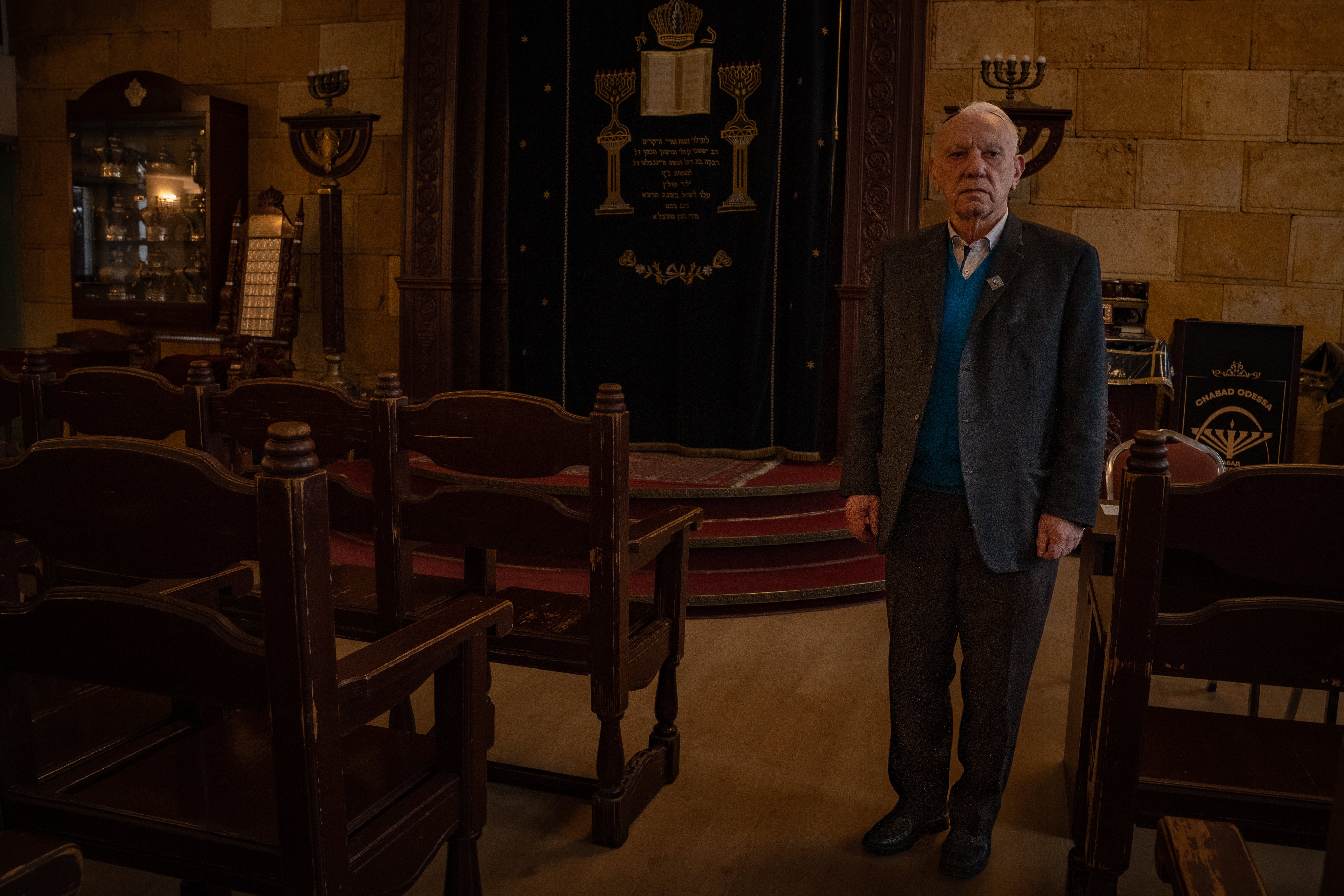 Roman stands in the Chabad synagogue, whose rabbi has helped evacuate thousands of civilians from Odesa