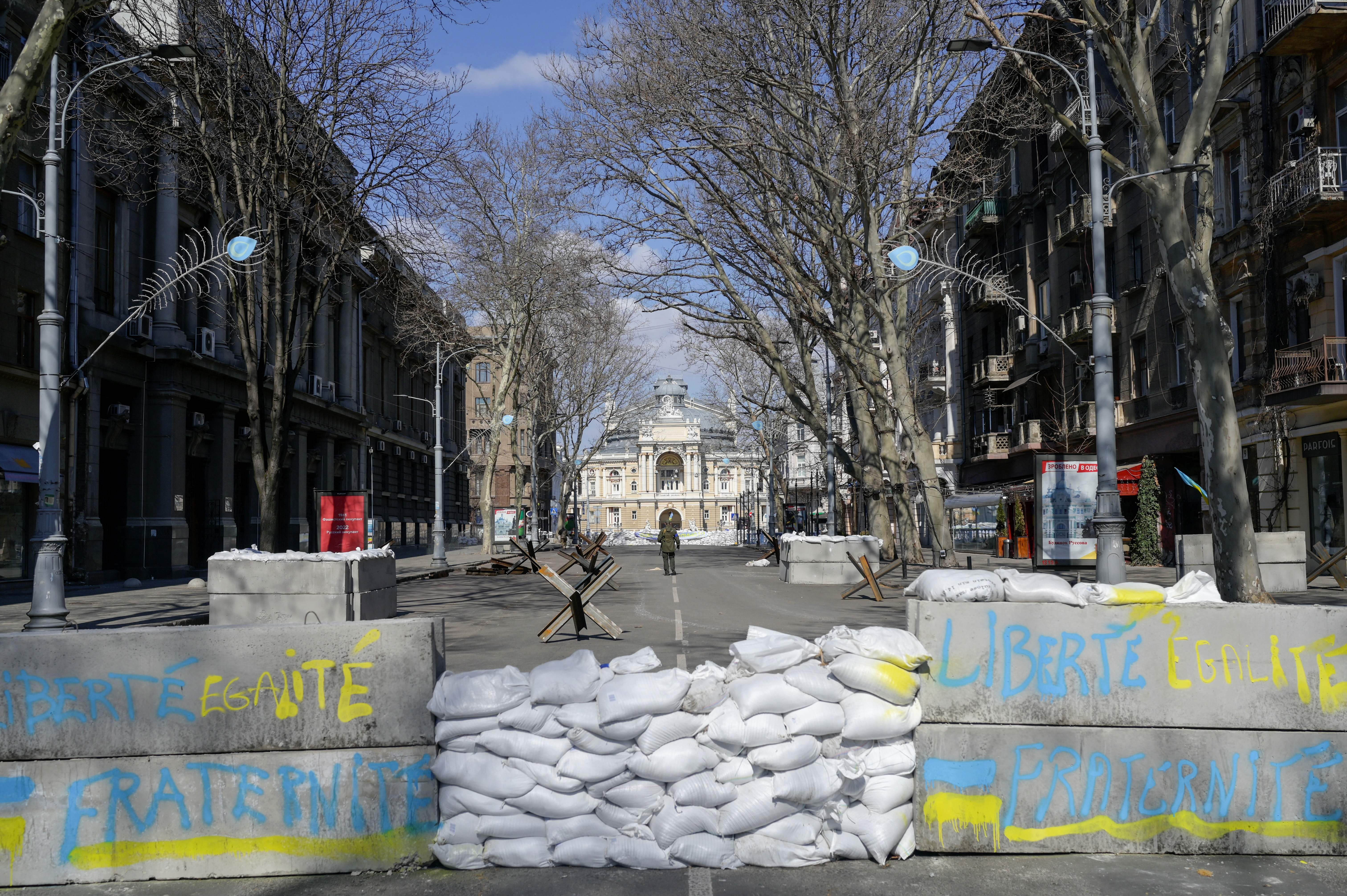 Concrete blocks form a barricade in front of the National Academic Theatre of Opera and Ballet in Odesa, 17 March 2022