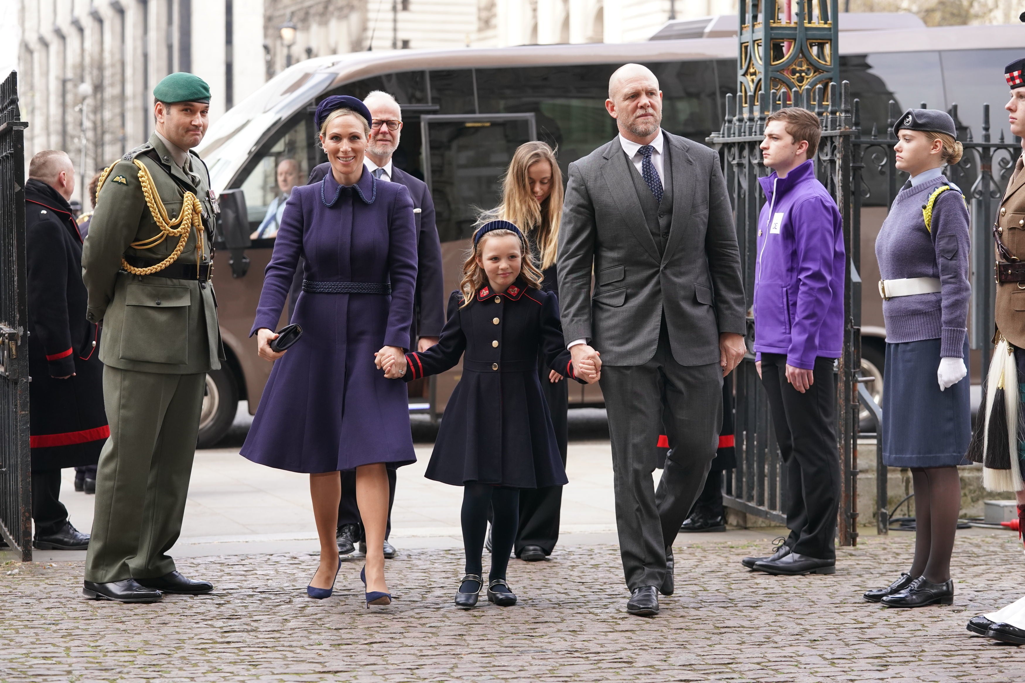 Zara, Mia and Mike Tindall arriving for a Service of Thanksgiving for the life of the Duke of Edinburgh